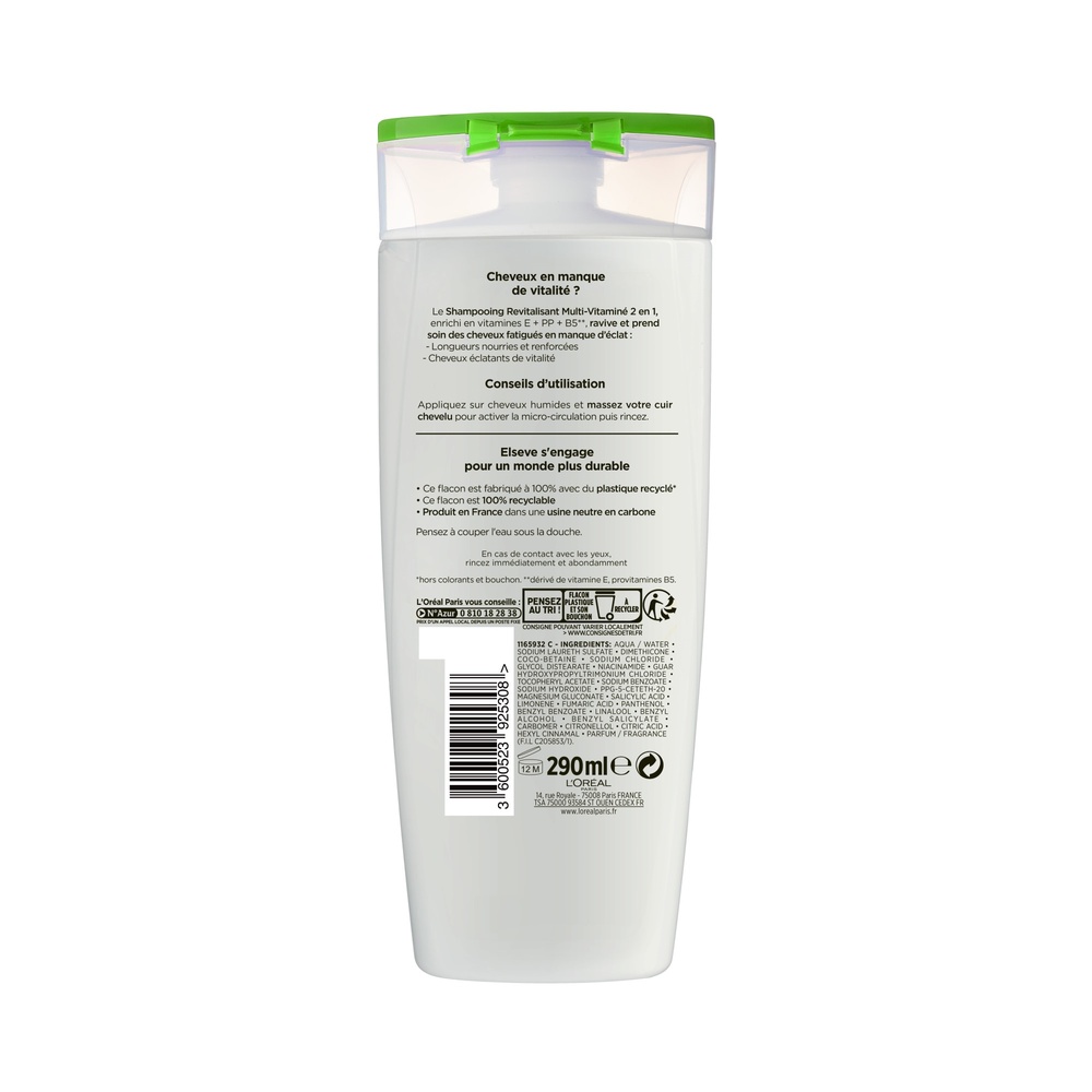 L'Oréal Paris Elseve Multi-Vitaminé Shampoing revitalisant 2 en 1 cheveux normaux enrichi en vitamines e + pp + b5