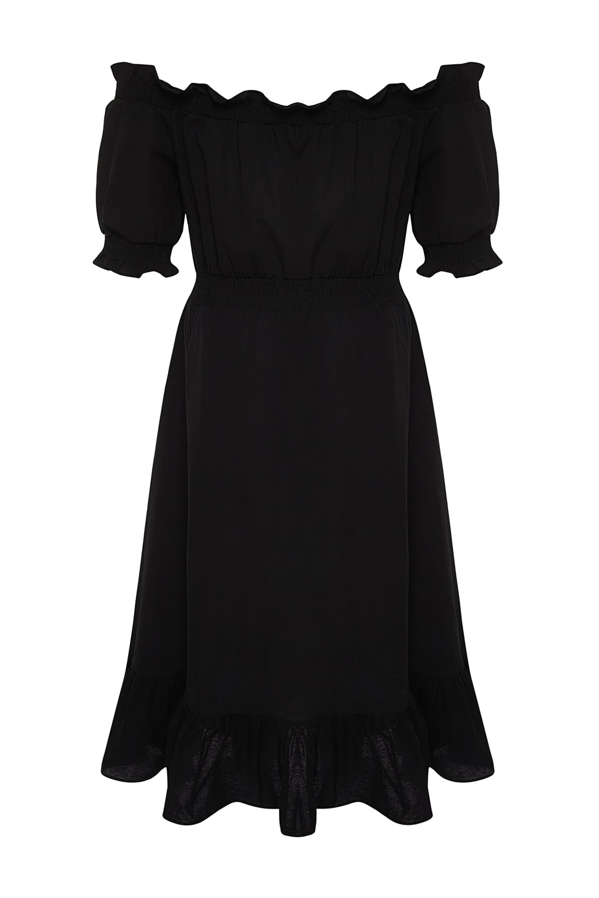 Trendyol Curve  Schwarzes gewebtes Kleid mit gerafftem Carmenkragen TBBSS22EL1633