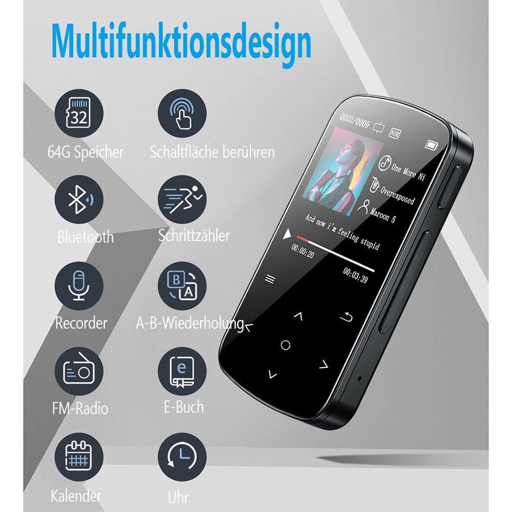 GelldG MP3 Player Bluetooth 4.2 Sport mit 1,54 Zoll Farbbildschirm MP3-Player