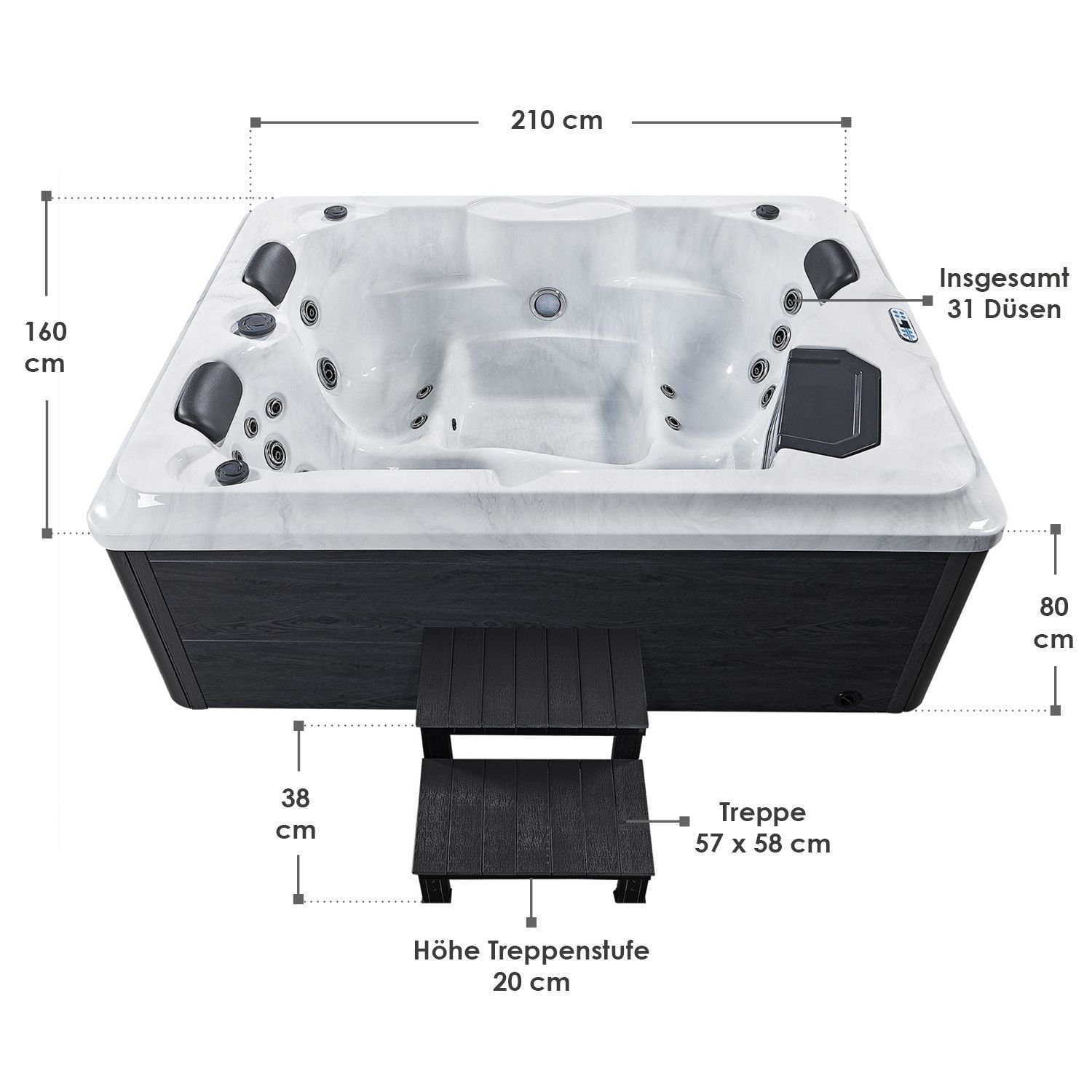 Artsauna Whirlpool Oasis mit Treppe, (Spa mit Massagedüsen, LED-Beleuchtung, inkl. Abdeckung)