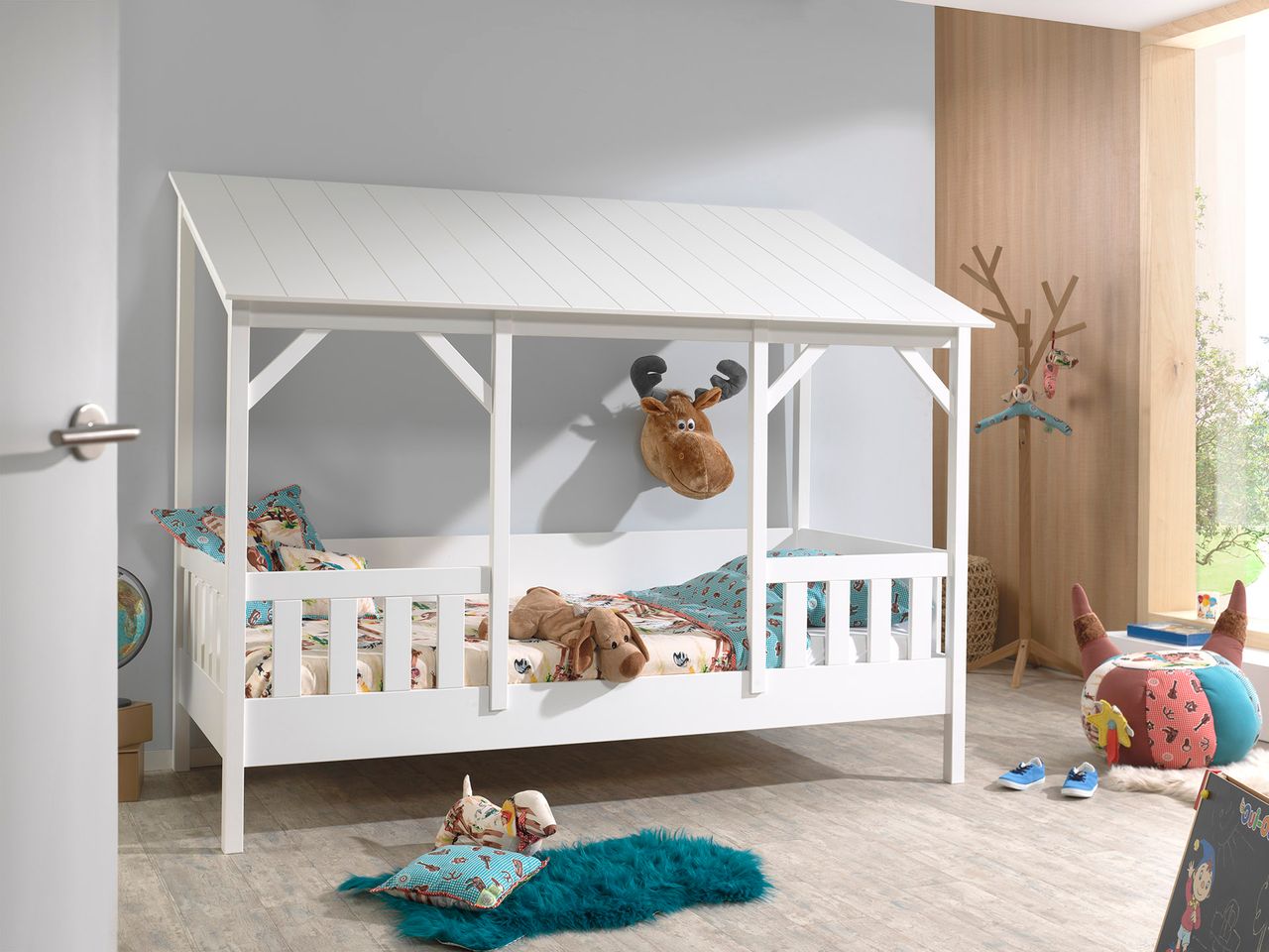 VIPACK Hausbett mit 90 x 200 cm Liegefläche, Dach in Weiß