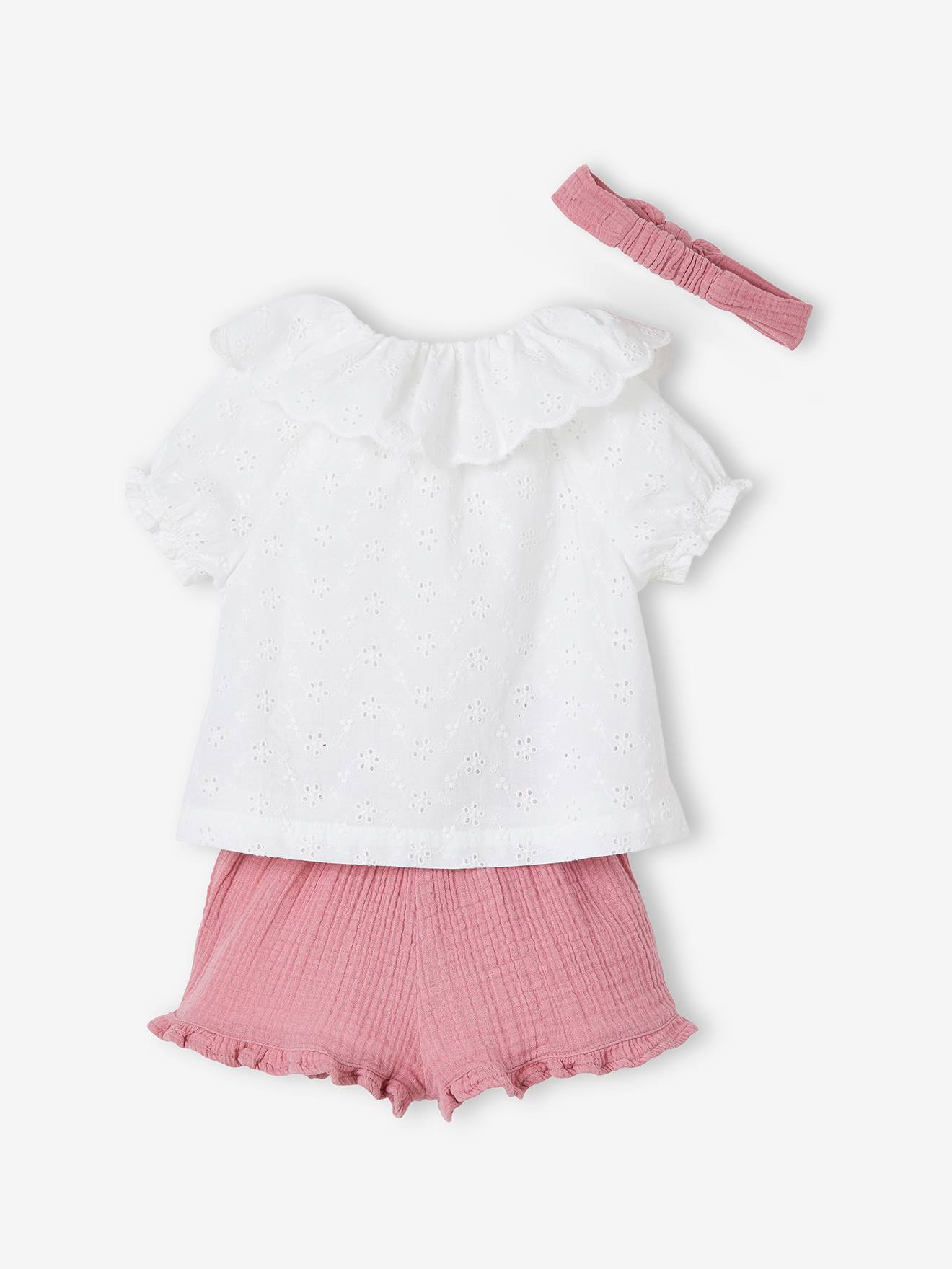 Vertbaudet Mädchen Baby-Set: Bluse, Shorts & Haarband - rosa