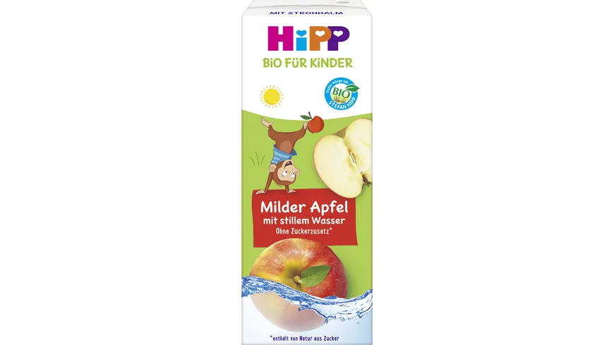 HiPP Bio Kindergetränk mit Trinkhalm 200 ml – Tetrapak: Milder Apfel mit stillem Wasser 200 ml