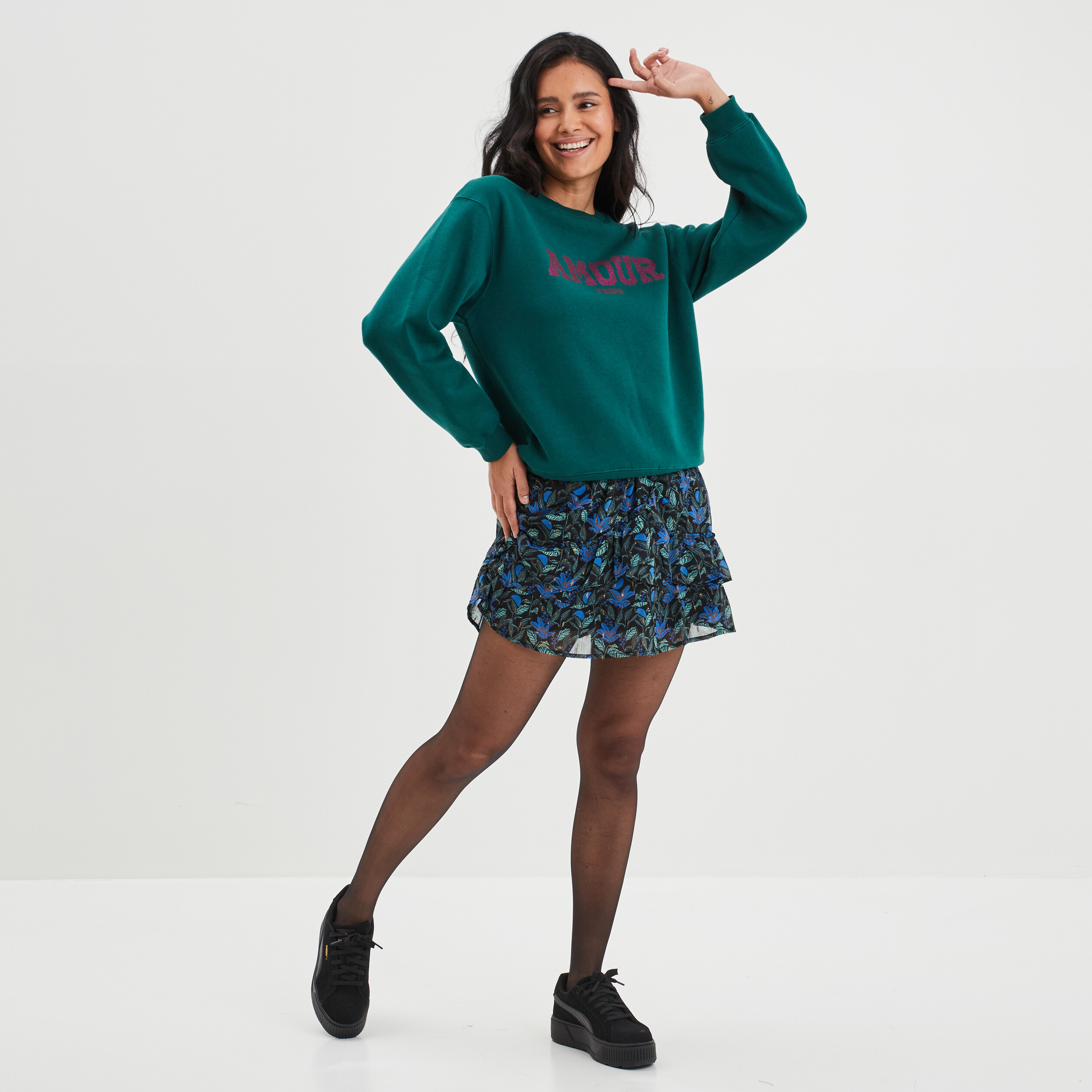 Sweat col rond à paillettes vert foncé femme | La Halle