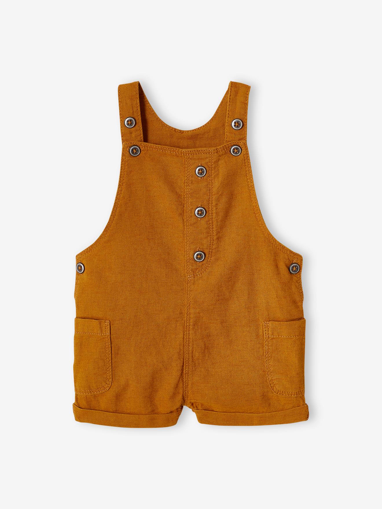 Salopette courte bébé en lin et coton caramel