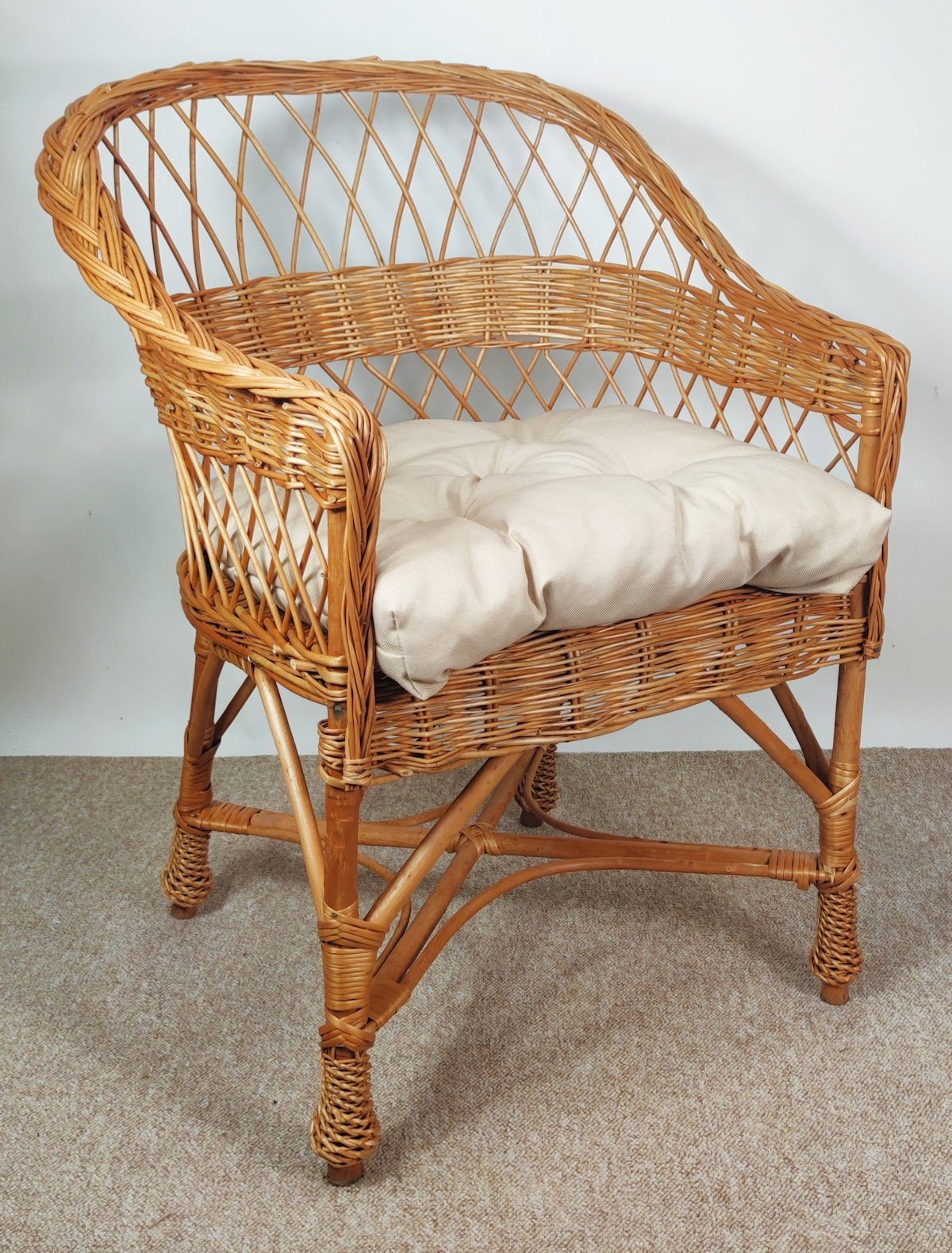 Rattani Rattanstuhl Korbstuhl, Korbsessel Weide, Model Björn, inkl. Polster beige