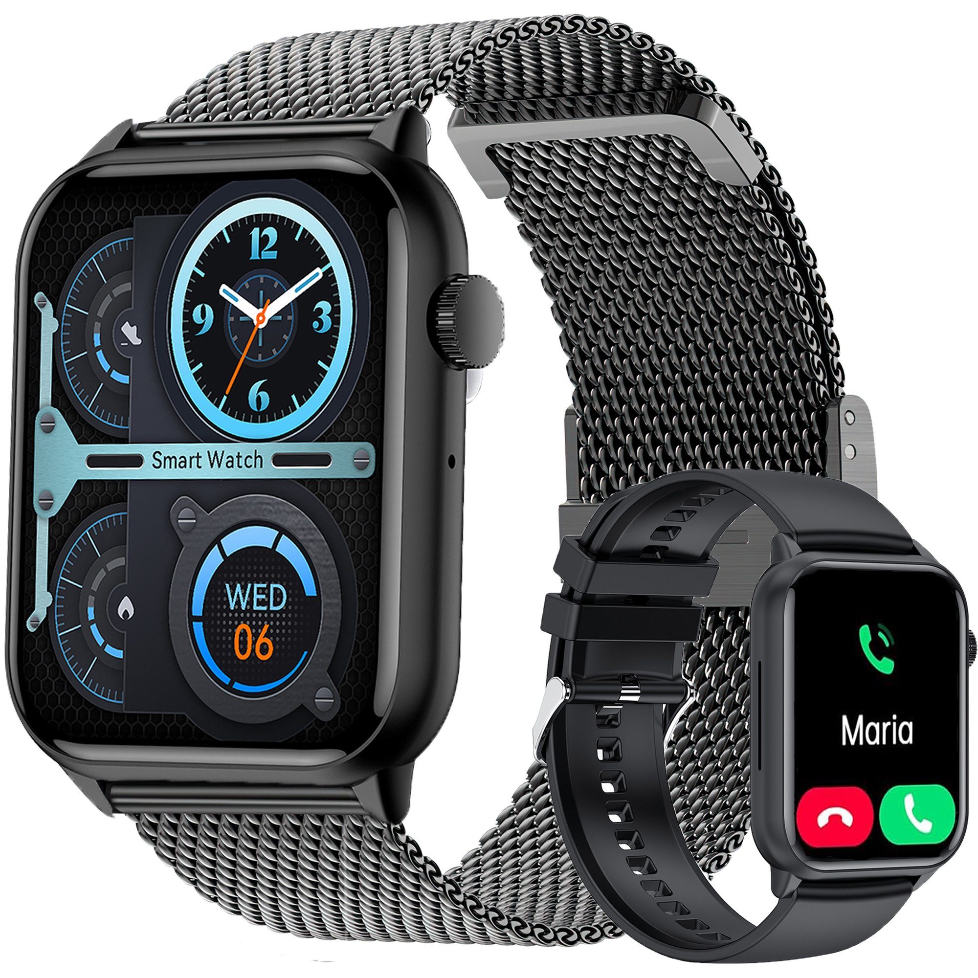 Mutoy Smartwatch,Fitness Tracker Uhr für Damen Herren mit Anruffunktion Smartwatch Gesundheits-Uhren mit Herzfrequenz,Blutsauerstoff, Blutdruckmessung, Schlafüberwachung, Schrittzähler, AI Sprachassistent, Musiksteuerung und SNS-Benachrichtigung, IP6