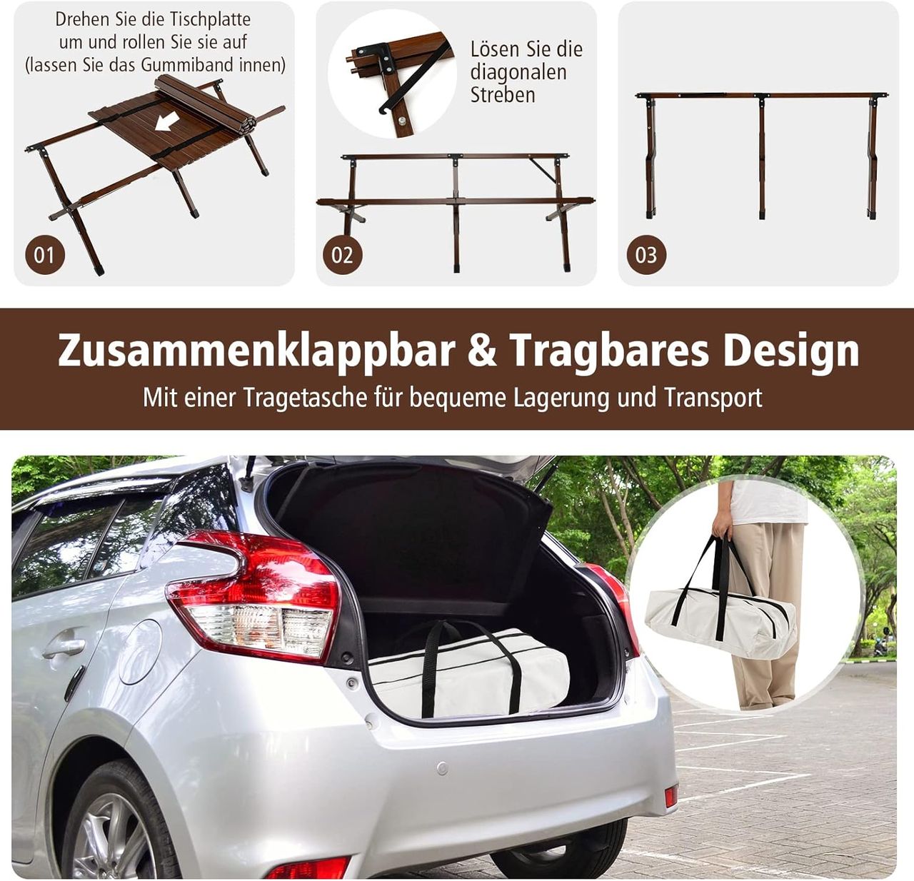 Costway Aufrollbarer Campingtisch aus Bambus