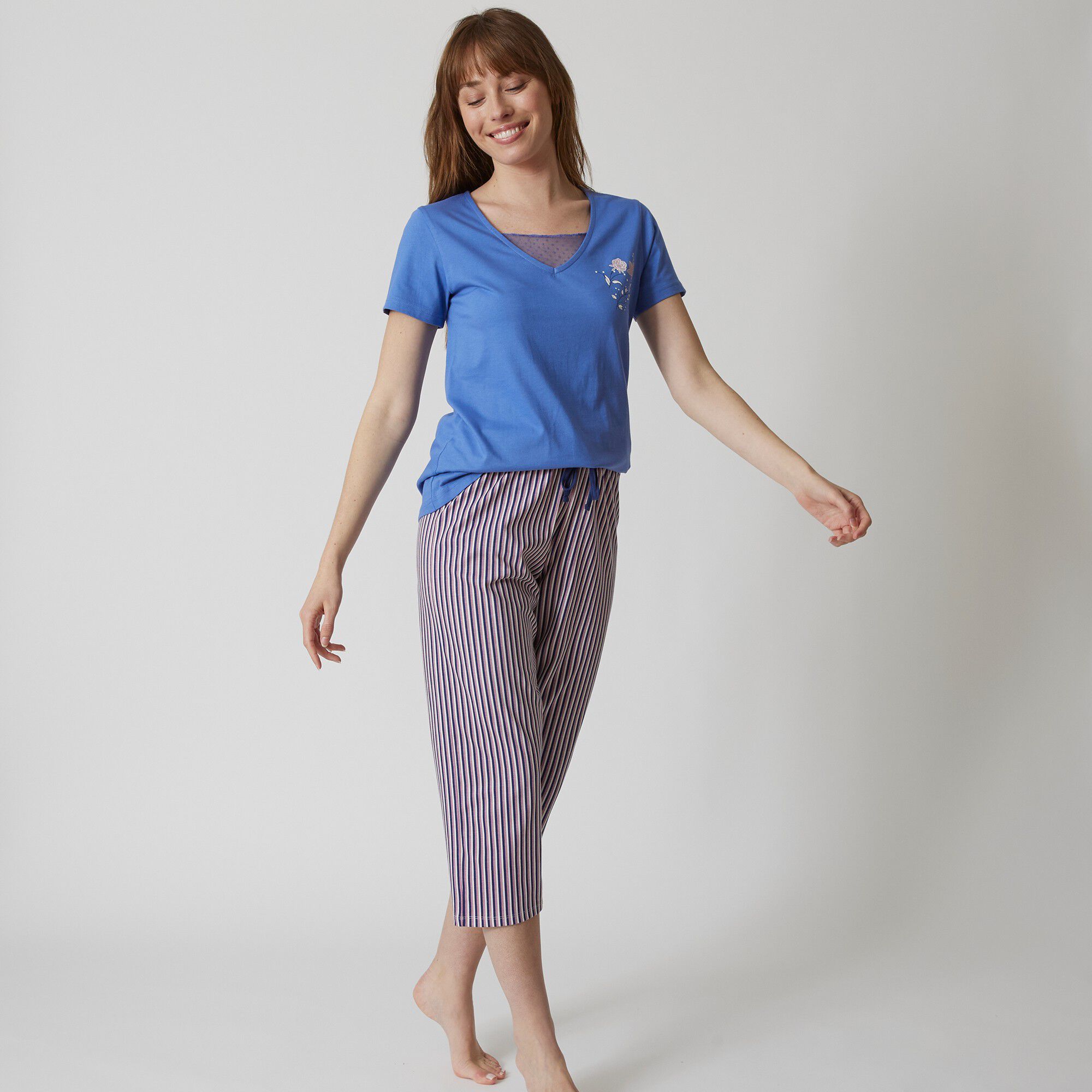 Pantacourt pyjama coton imprimé rayures