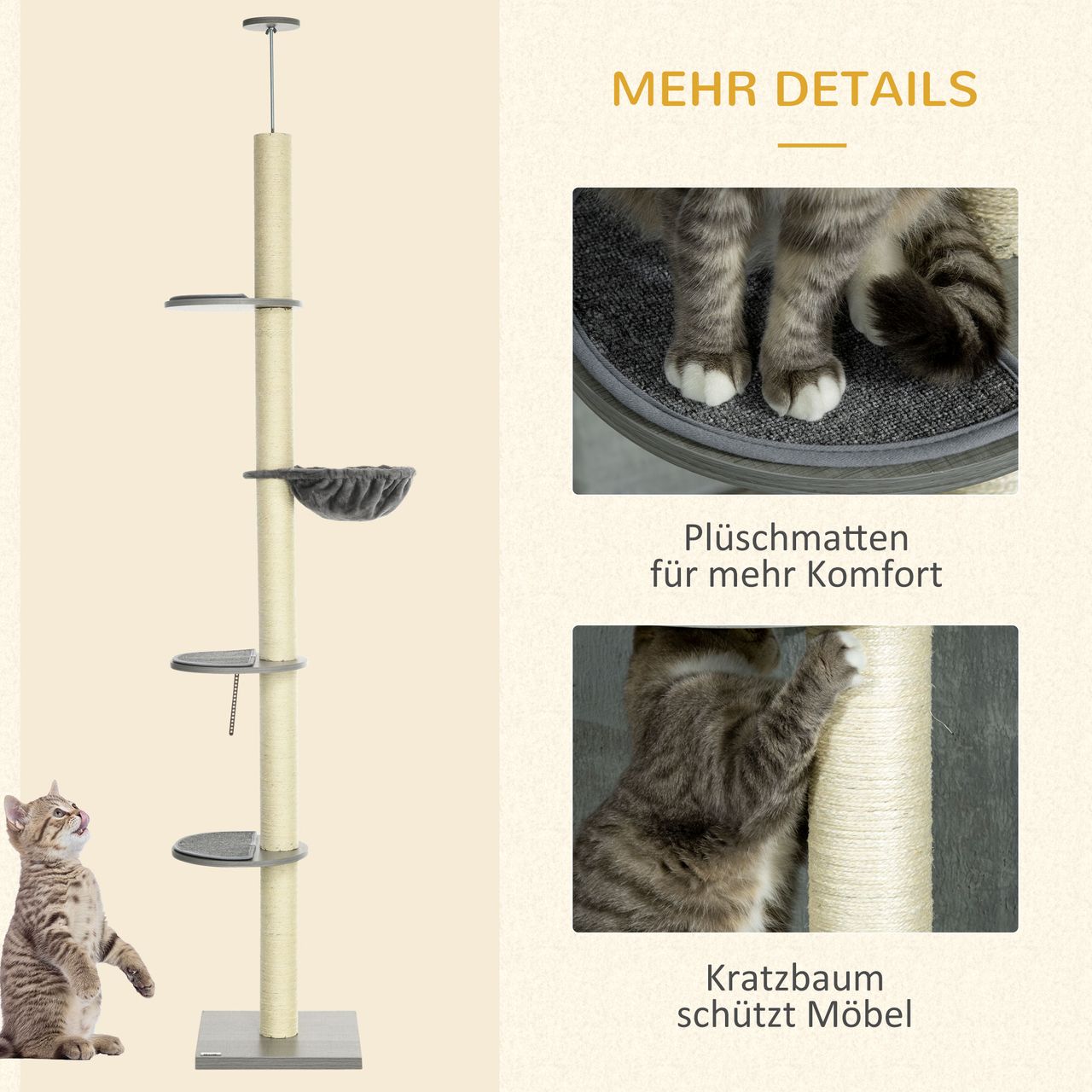 PawHut Kratzbaum, Katzenbaum Deckenhoch, Katzenkratzbaum, Höhenverstellbar