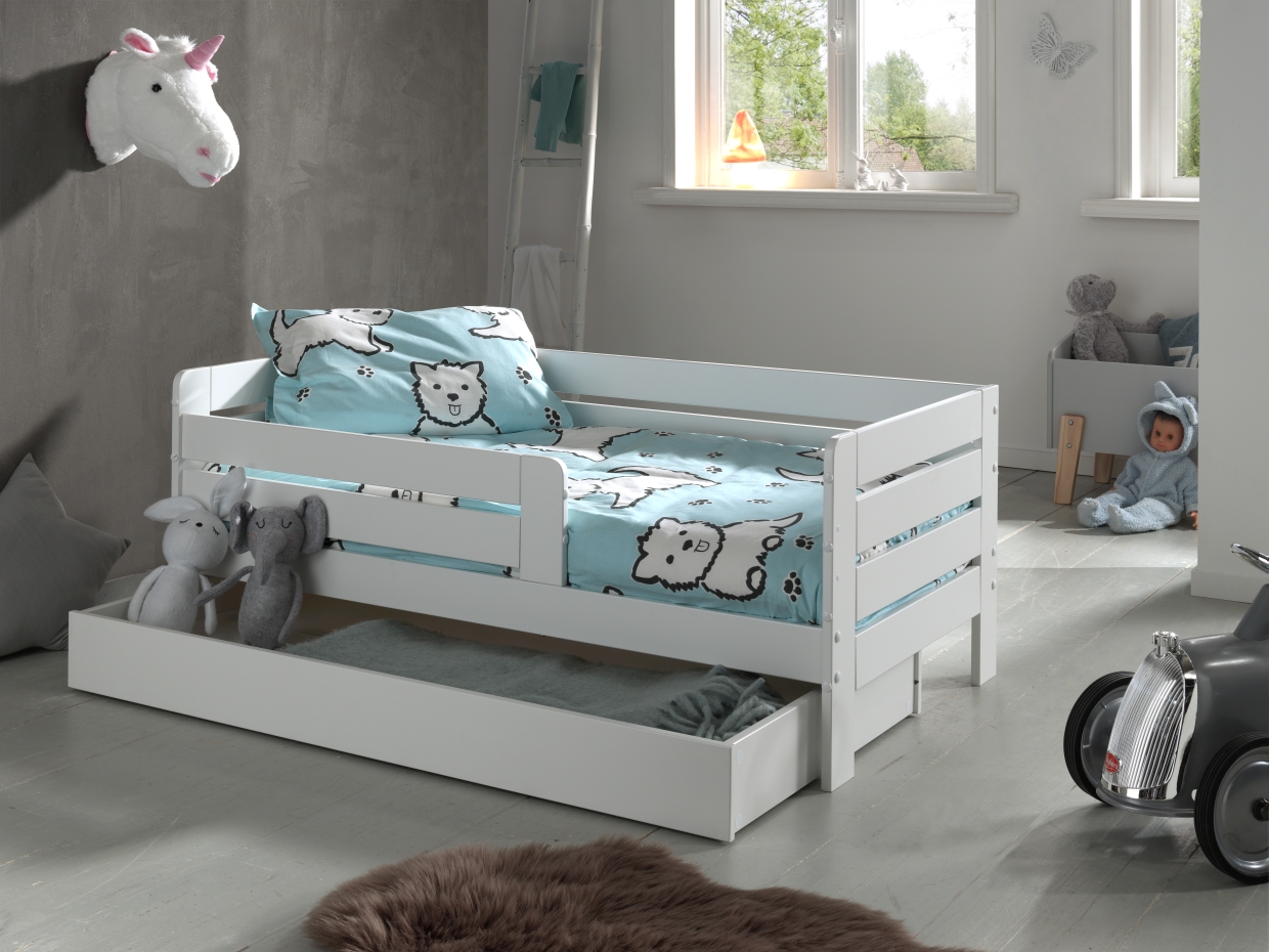 VIPACK Juniorbett mit Liegefläche 70 x 140 cm, Umrandung mit waagerechten Paneelen, inklusive Bettschublade, Ausf. MDF weiß lackiert
