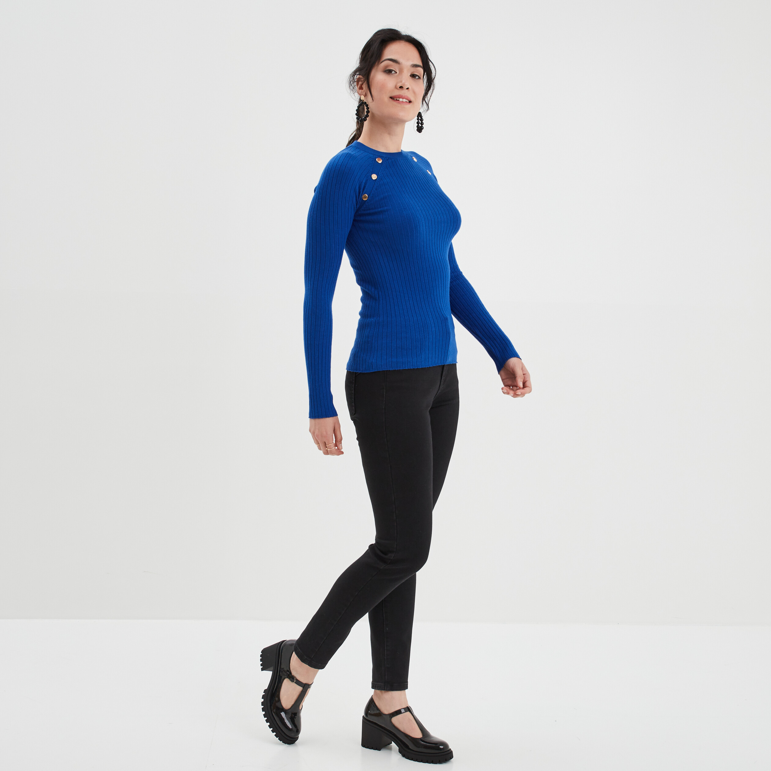 Pull ouverture dos et boutons épaules bleu electrique femme | La Halle