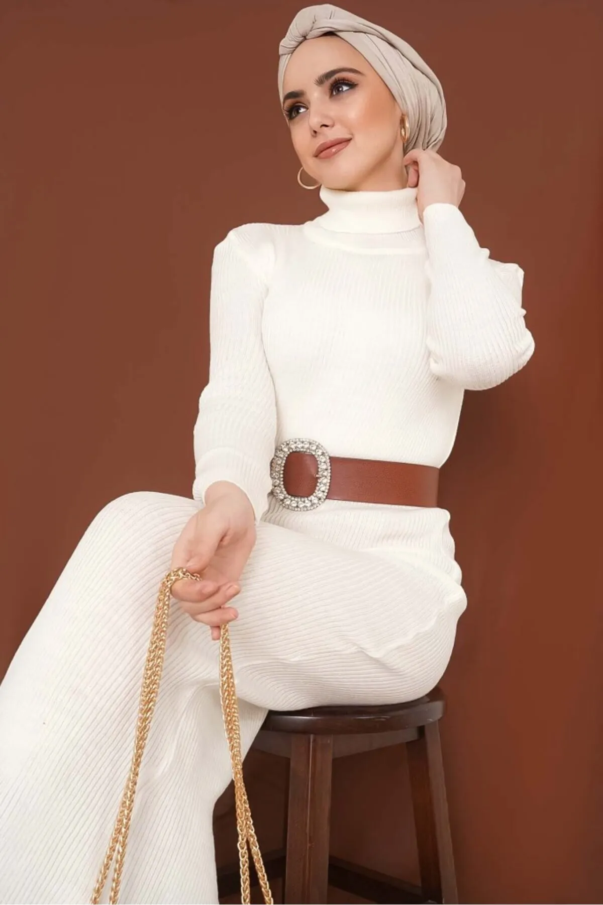 benguen  23100 Cord-Langstrickkleid Ecru