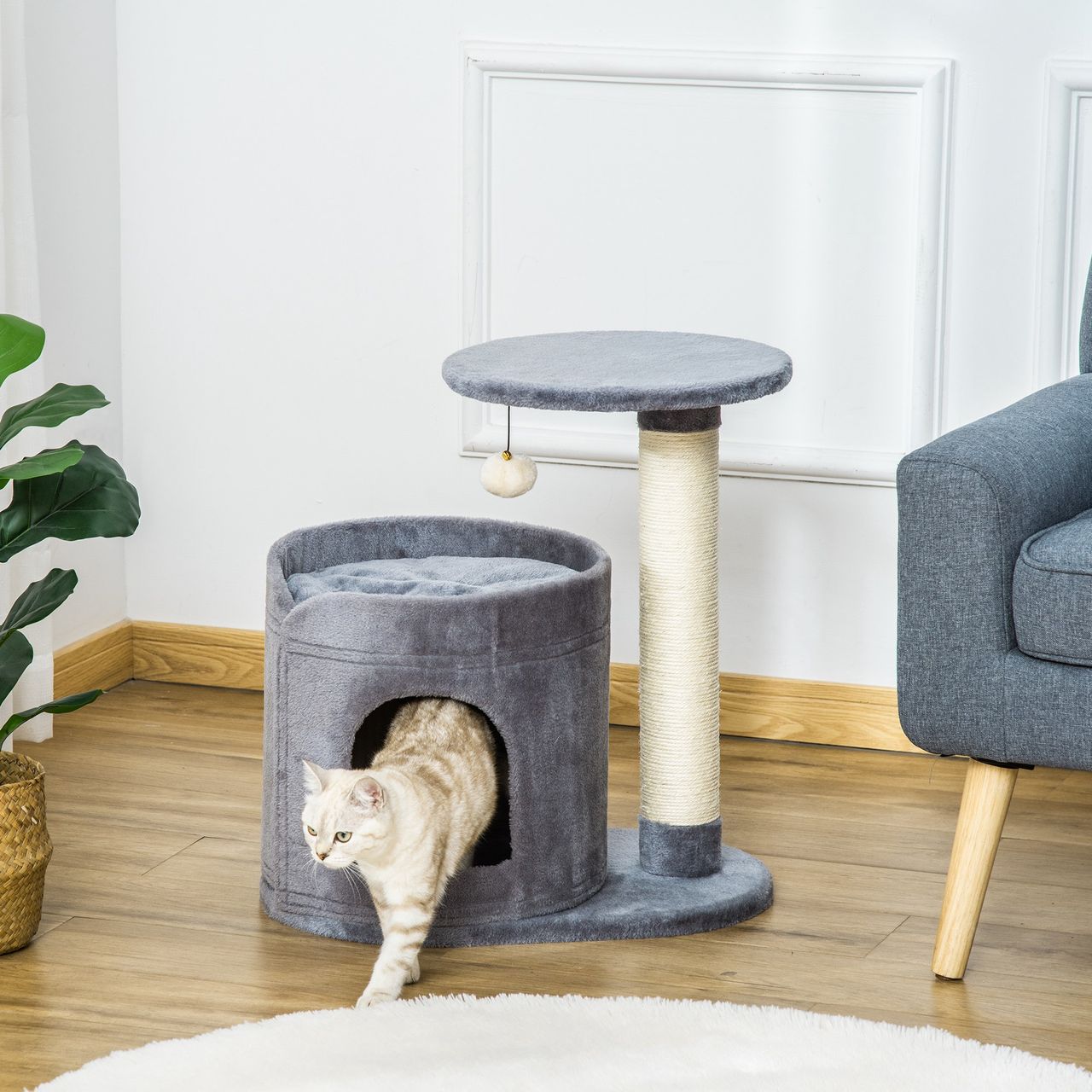 PawHut Kratzbaum Katzenbaum mit Katzenhöhle Spielball Katzenkratzbaum Sisalseil-Kratzstangen Grau 55 x 36 x 59 cm