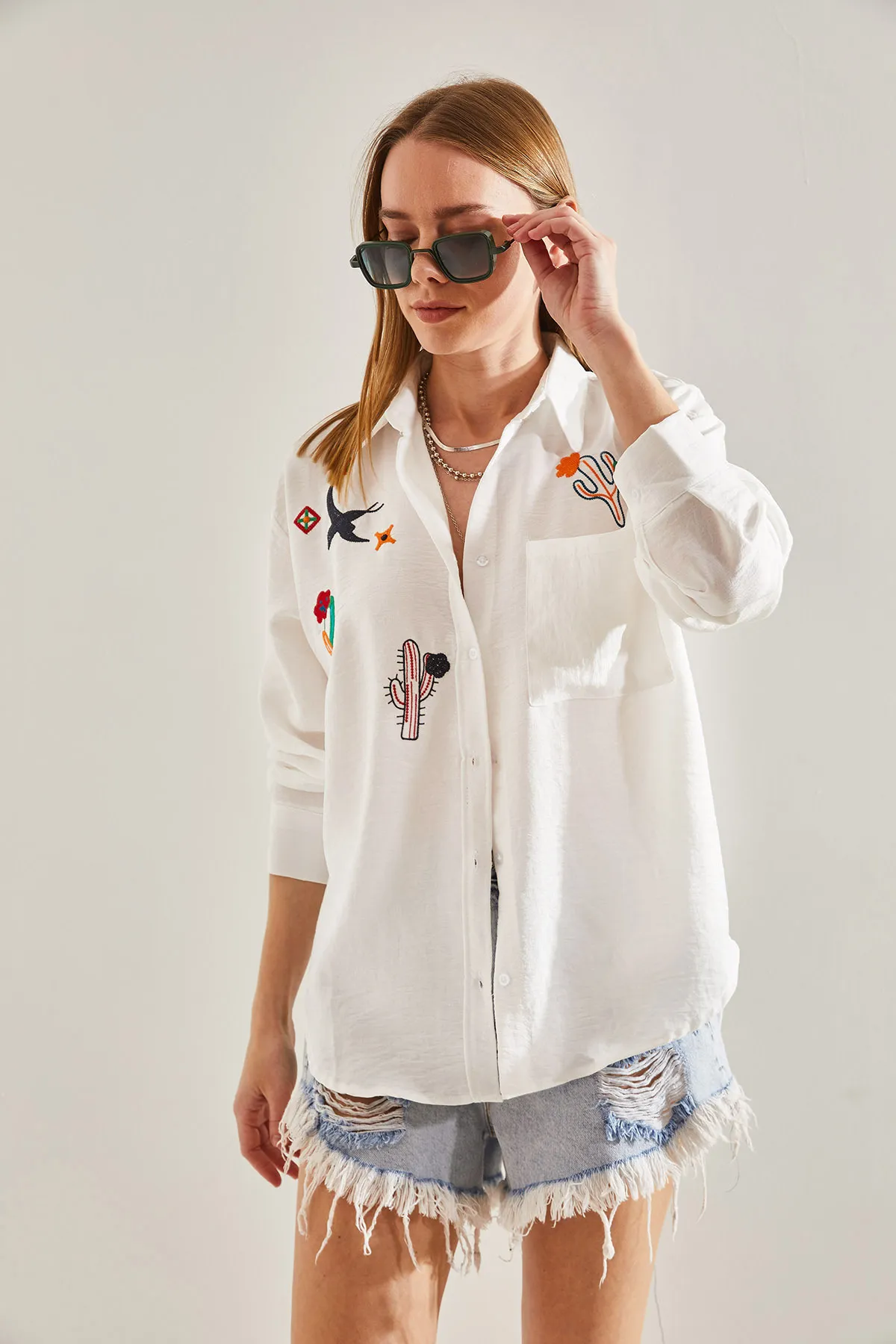 Bianco Lucci  Damen besticktes Leinenhemd