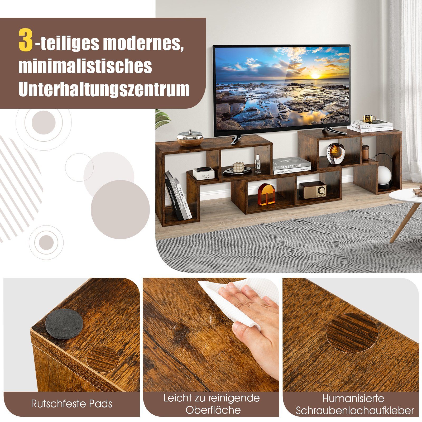 COSTWAY TV-Schrank Lowboard 3-teilig, Frei Kombinierbar, für TVs bis zu 65