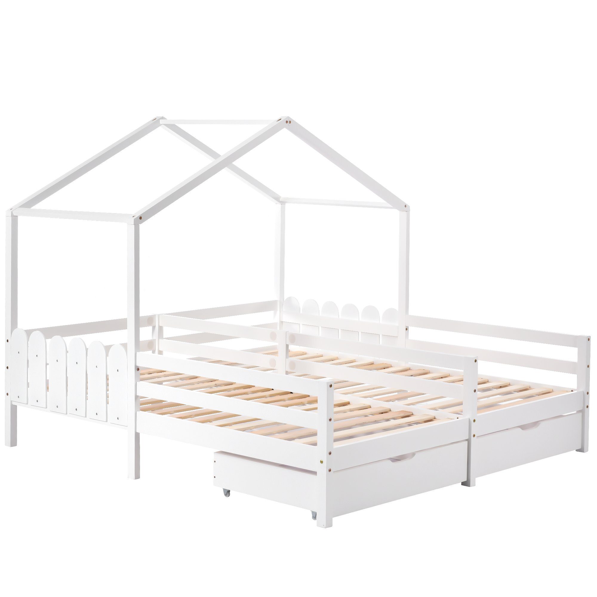 Flieks Massivholzbett, Hausbett Kinderbett Doppelbett 2 Schubladen 200x90cm