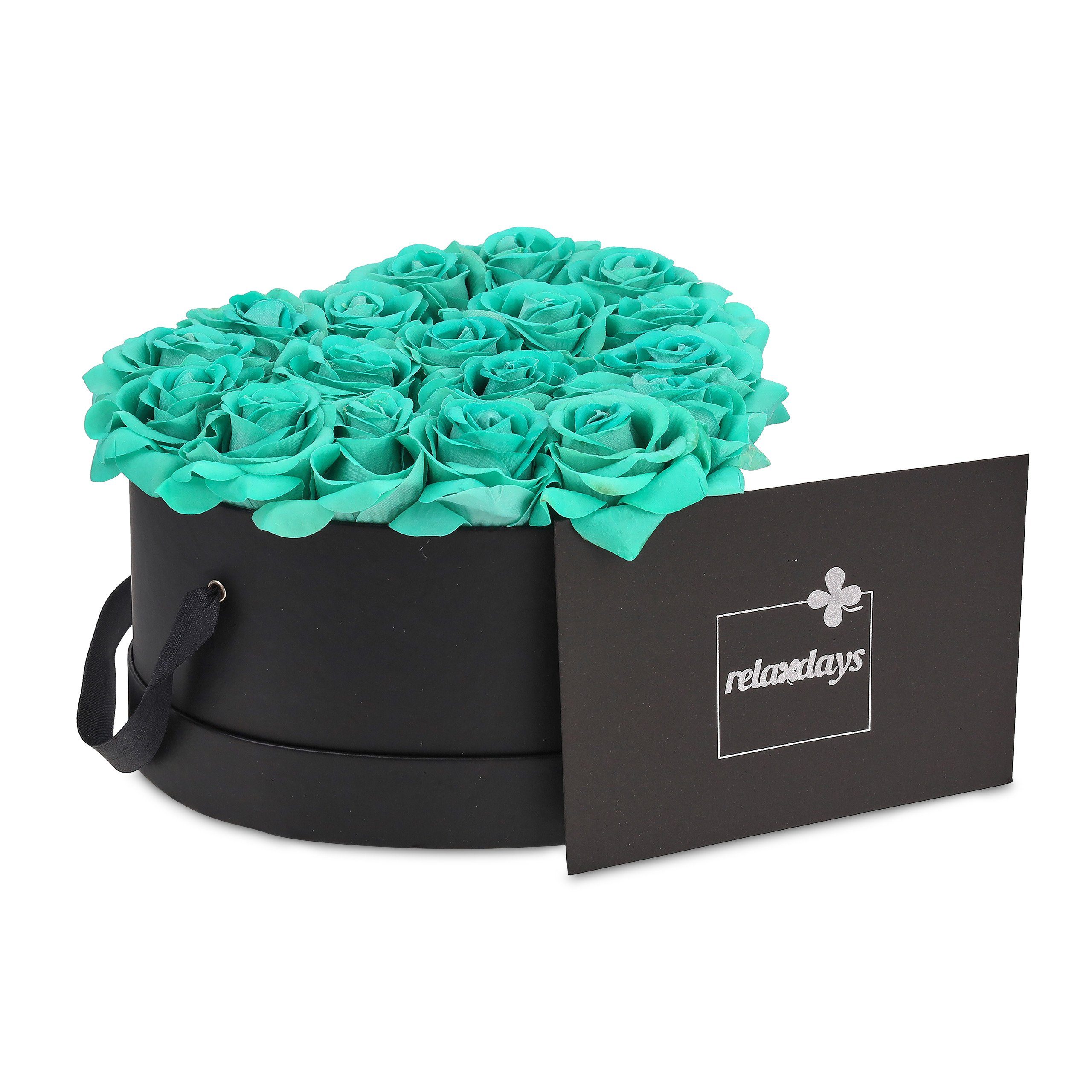 Gestecke Schwarze Rosenbox Herz 18 Rosen, relaxdays, Höhe 13 cm, Türkis