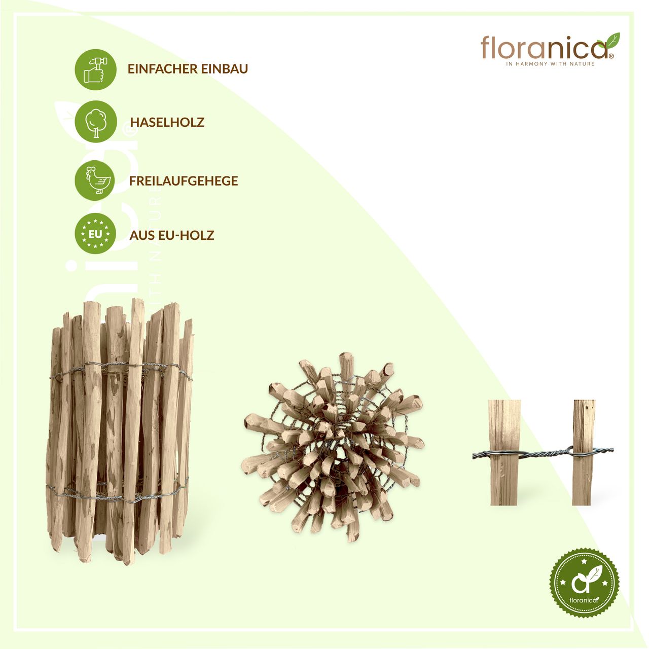 Floranica Staketenzaun Haselnuss Gartenzaun 1 lfm, Höhe 70 cm, Lattenabstand 4-6 cm Rollzaun Hundezaun