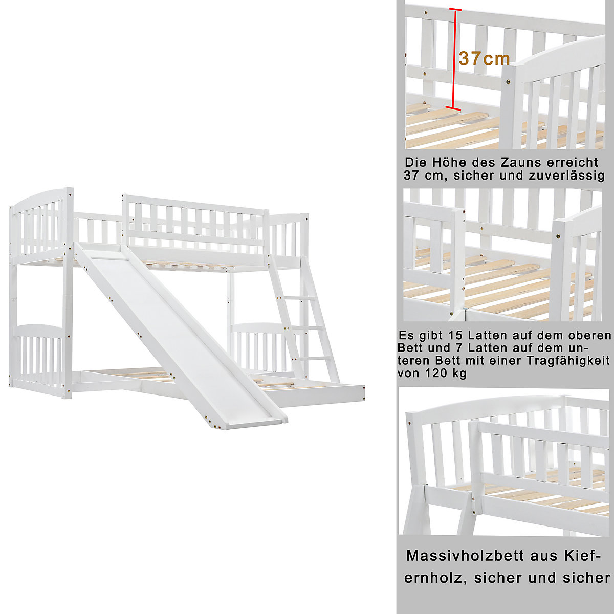 Etagenbett mit Rutsche, Niedriger Kinderbett Etagenbettrahmen Massives Kiefernbett 90 x 200 cm