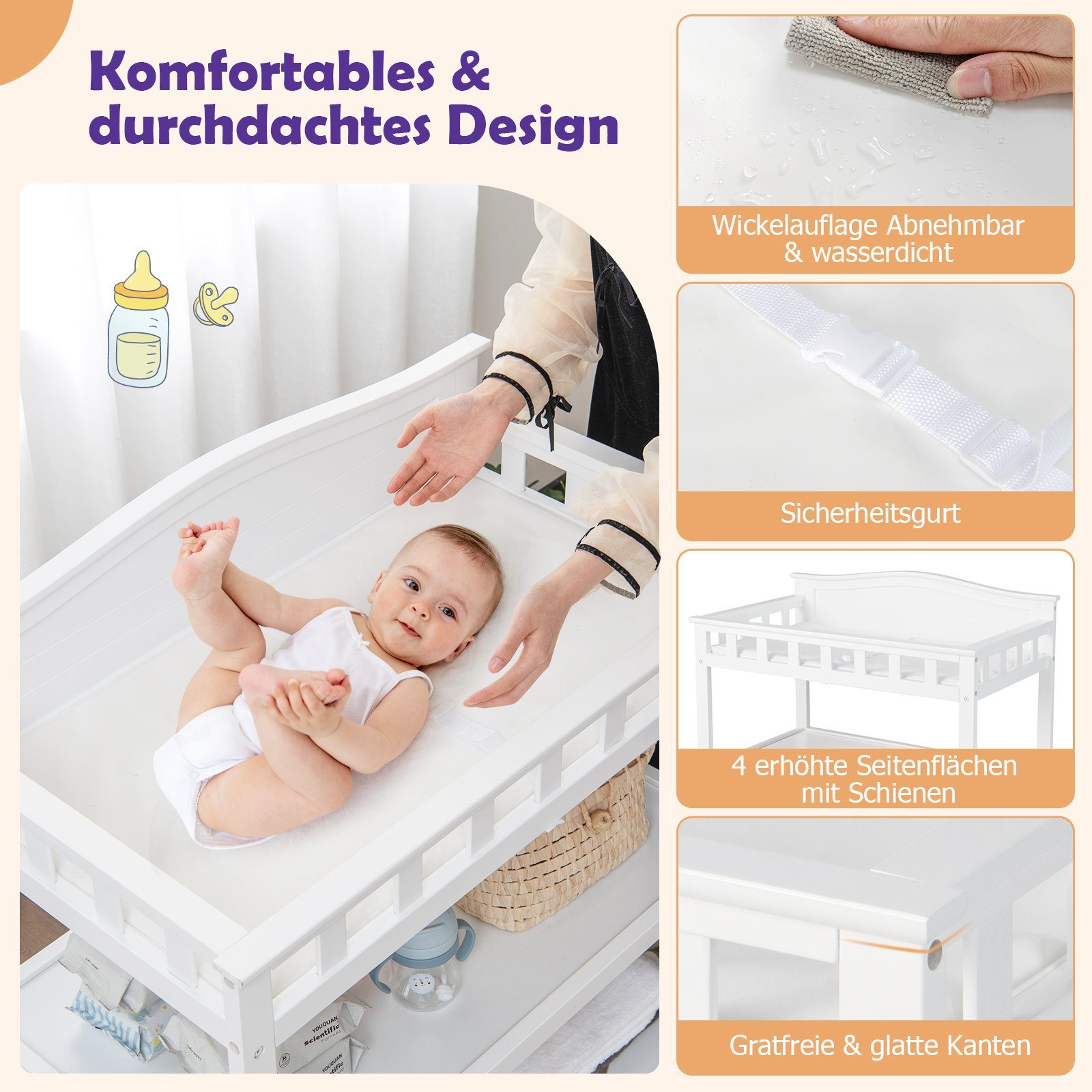 COSTWAY Wickeltisch Wickelkommode, mit Wickelauflage & Sicherheitsgurt & Rollen