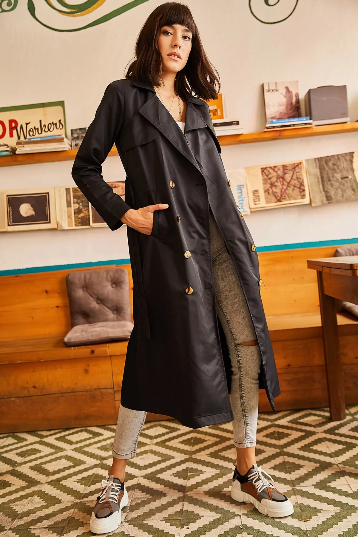 Olalook  Trenchcoat - Schwarz - Zweireihig