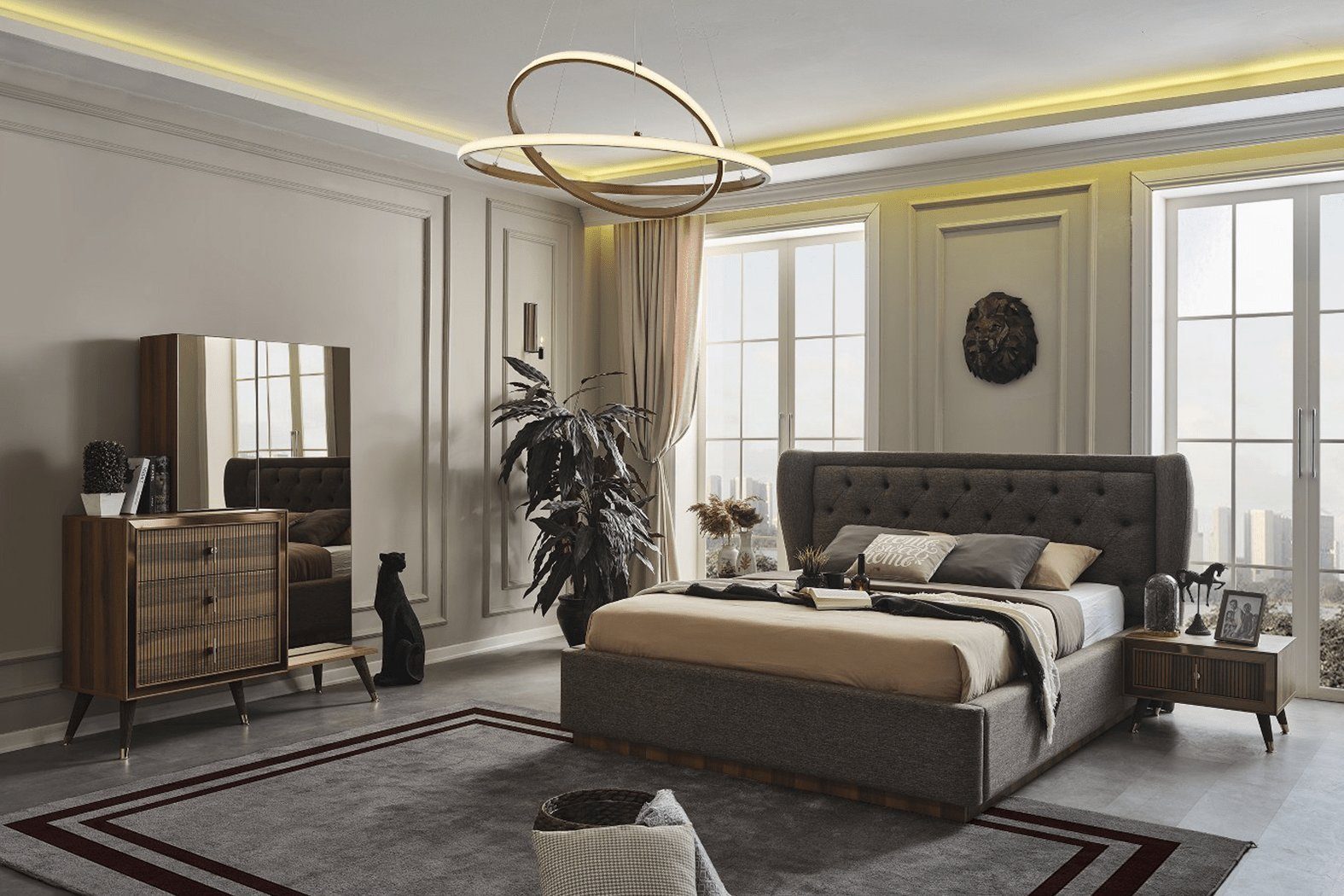 JVmoebel Schlafzimmer-Set Modernes Schlafzimmer Set Designer Bett 2x Nachttische Kommode, (4-St., Bett, 2x Nachttisch, Kommode mit Spiegel), Made in Europa