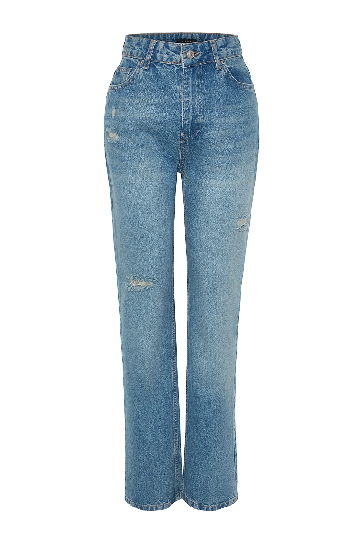 Trendyol Collection  Blaue zerrissene High Waist Lange gerade Jeans TWOAW24JE00033