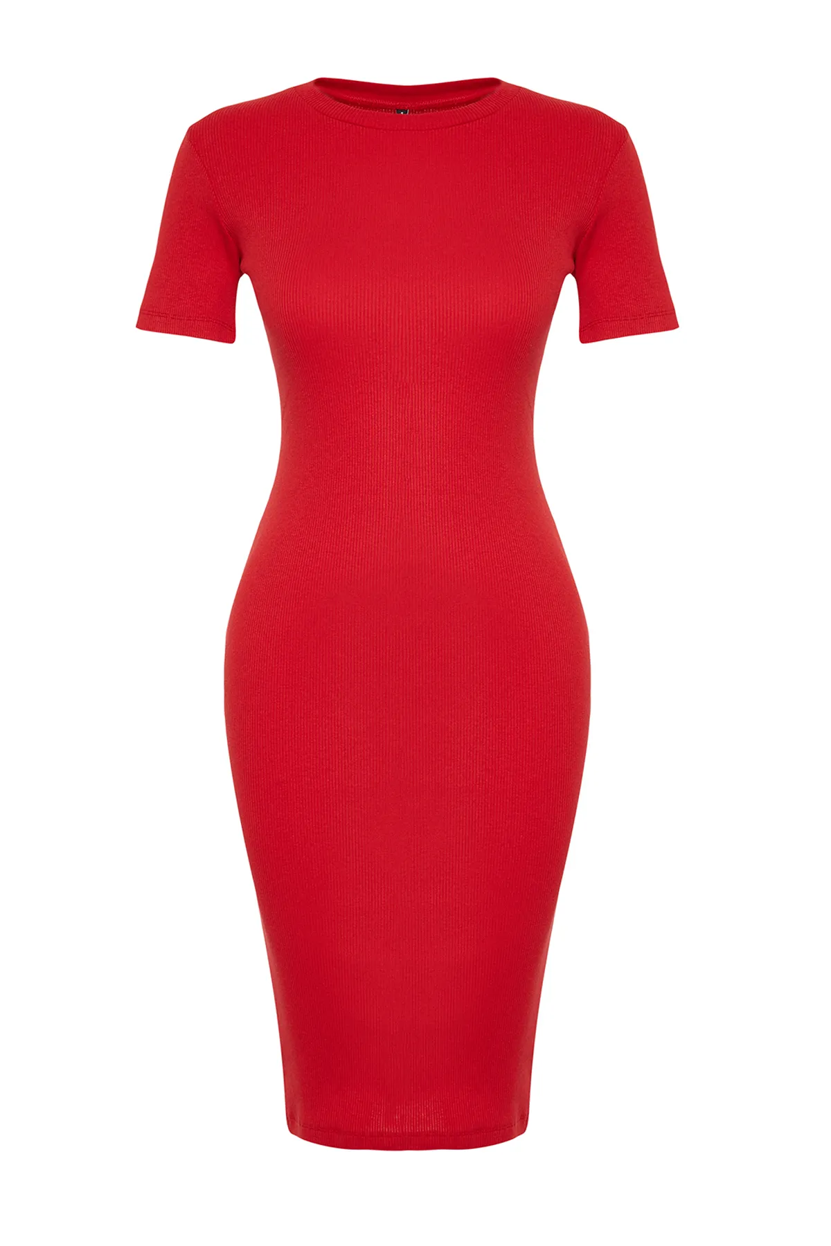 Trendyol Collection  Rotes, geripptes, dehnbares Strick-Midi-Bleistiftkleid mit Rundhalsausschnitt TWOSS24EL00486