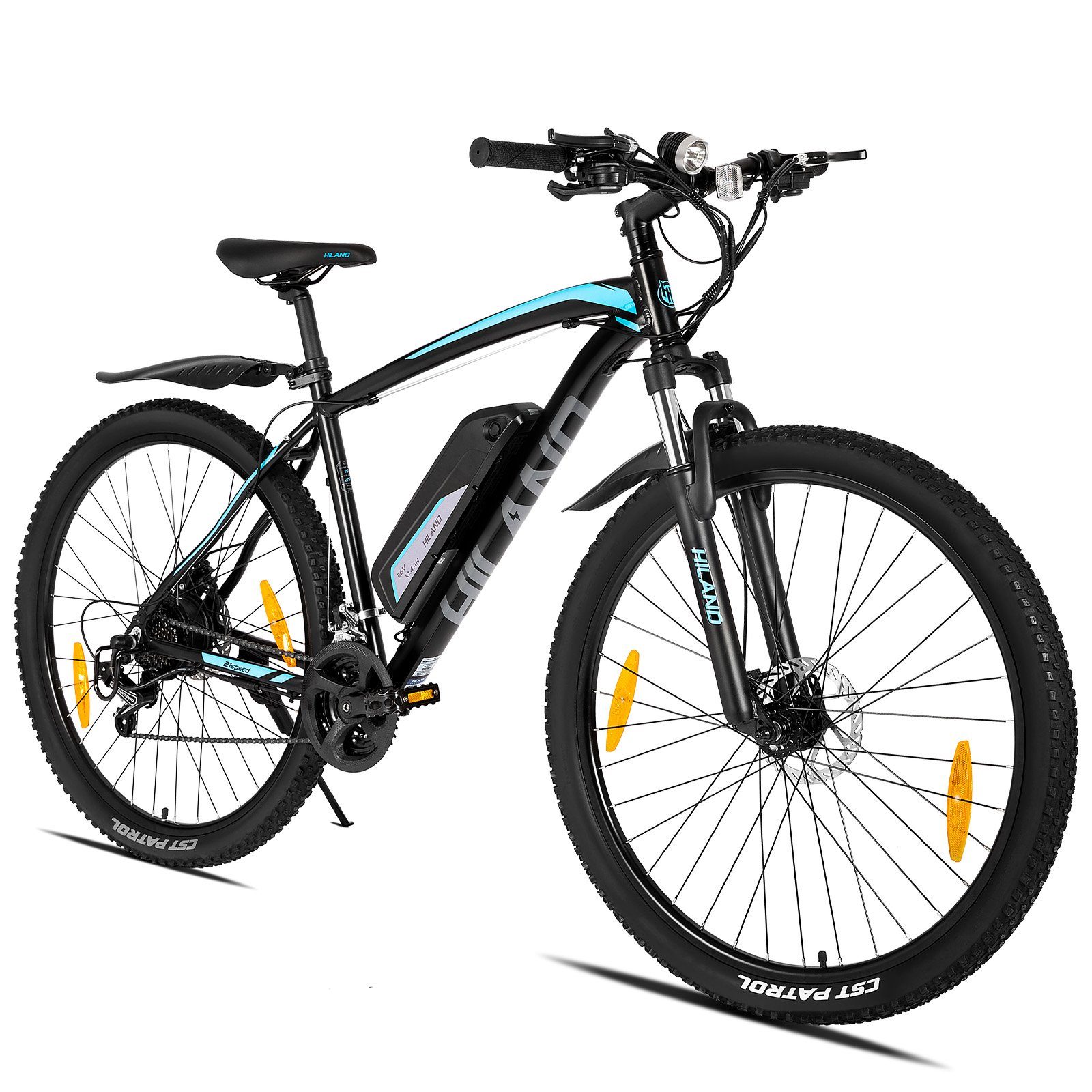 HILAND E-Bike 26/27.5/29 Zoll E-Mountainbike Damen Herren,LCD Display,10.4Ah Akku, 21 Gang Shimano Tourney Schaltwerk, Kettenschaltung, Heckmotor, 374,40 Wh Akku, (Set, mit akku-ladegerat, mit werkzeung, mit Schutzblech Set, mit frontlicht), E-bike D