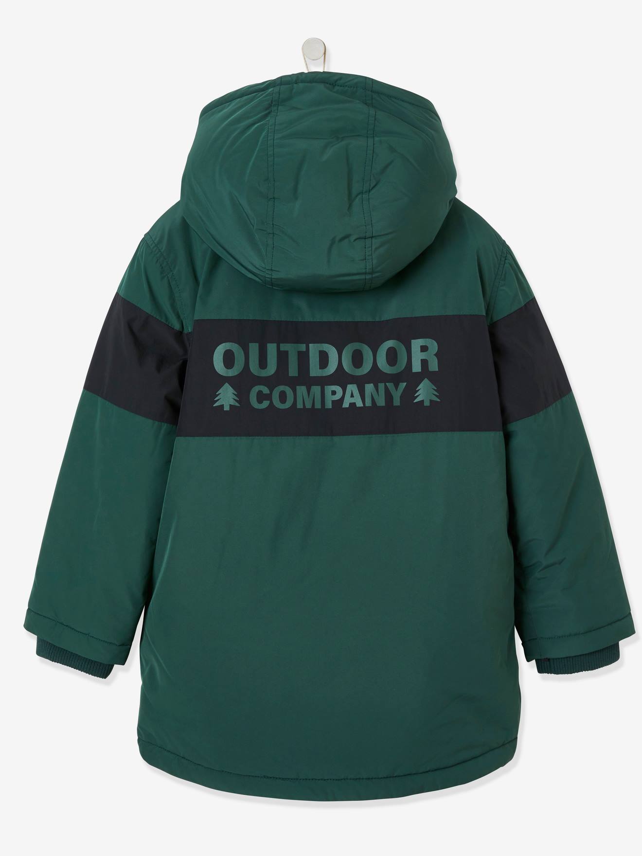 Parka longue à capuche color block garçon. vert