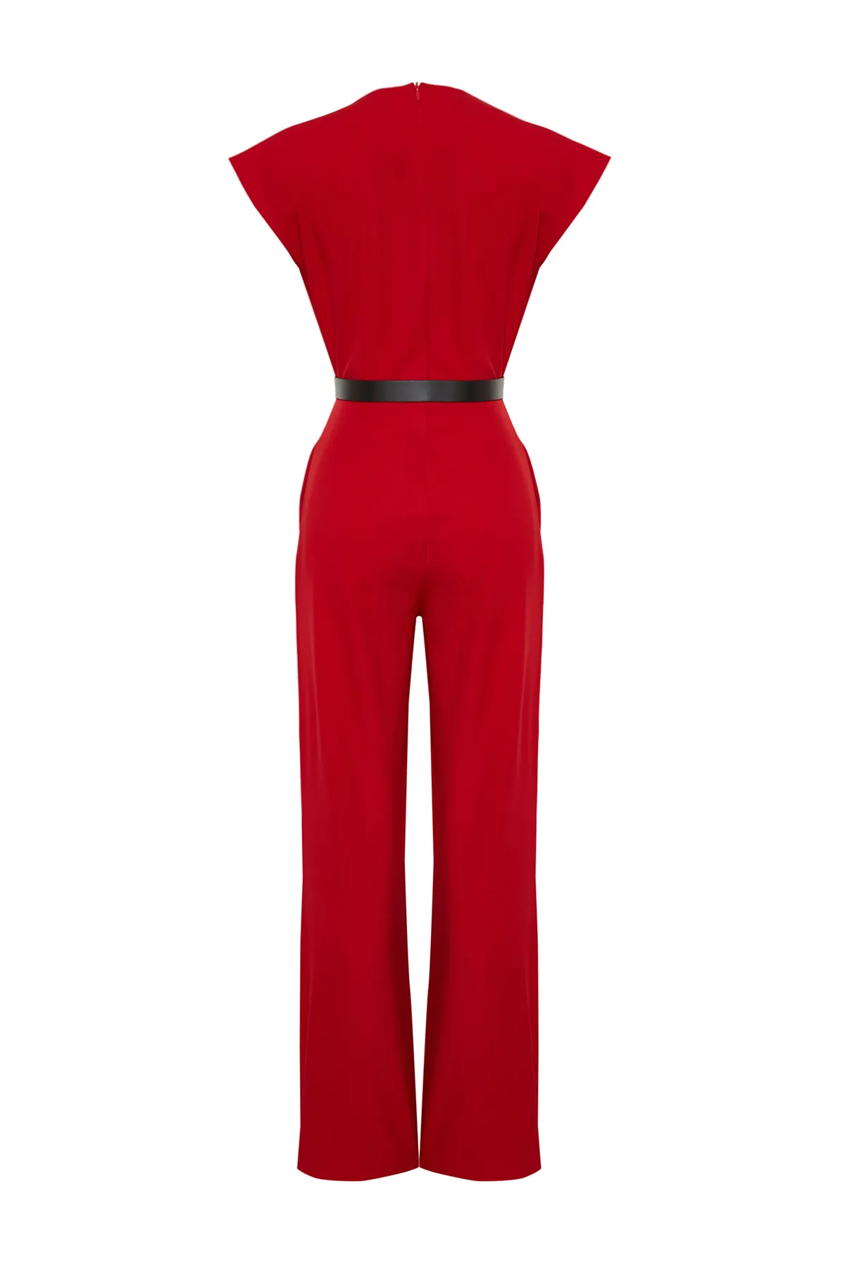 Trendyol Collection  Roter zweireihiger Maxi-Jumpsuit mit Gürtel und Kragen TWOSS21TU0004