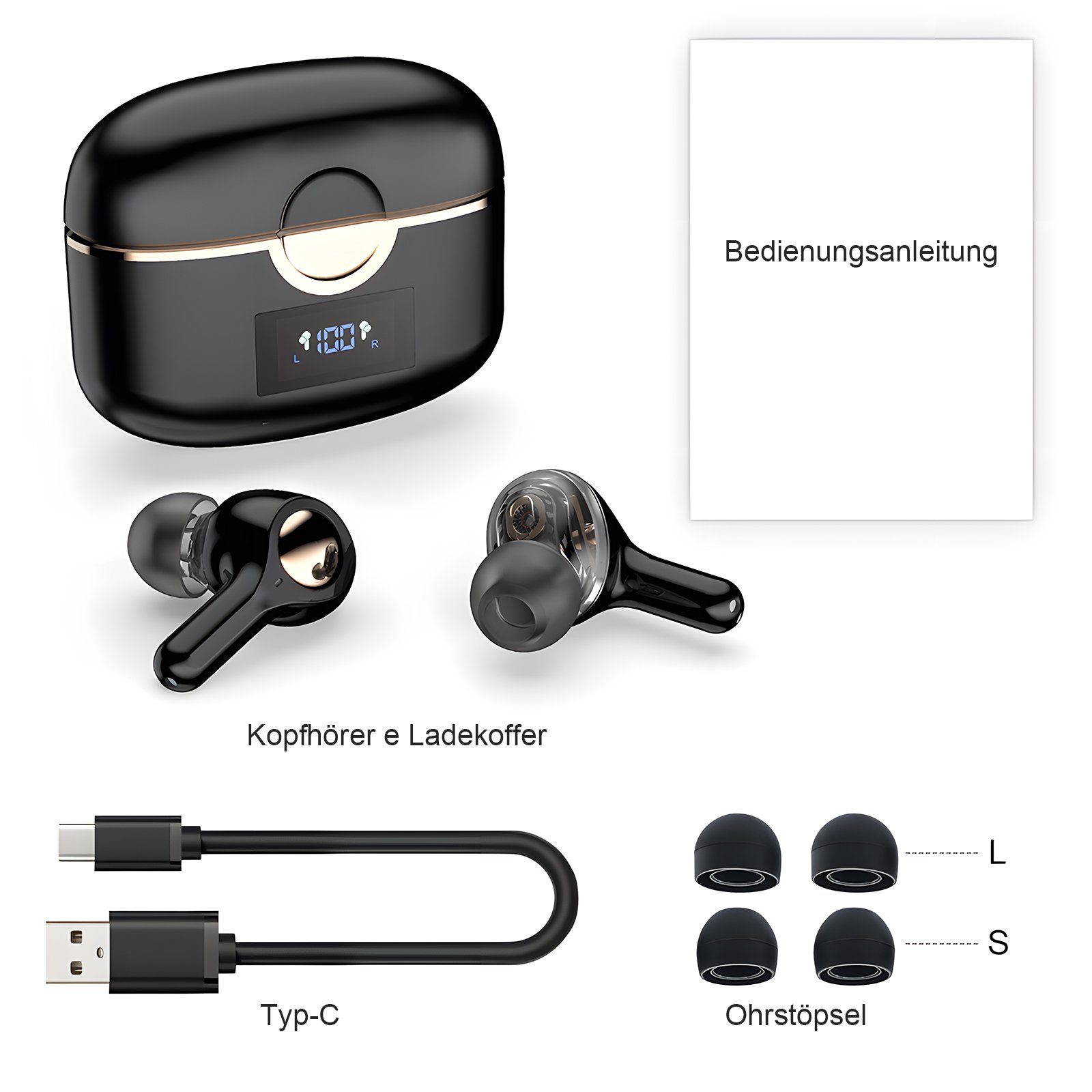 EXTSUD Bluetooth Kopfhörer Kabellos Headset ANC In-Ear-Kopfhörer (Sprachassistent, HIFI-Stereo, Ladefach mit LED-Anzeige, 30-Stunden Standby-Zeit, Rauschunterdrückungsfunktion, Bluetooth 5.2 Gerauschreduzierungsfunktion IPX5, 7 Stunden Musikspielzeit