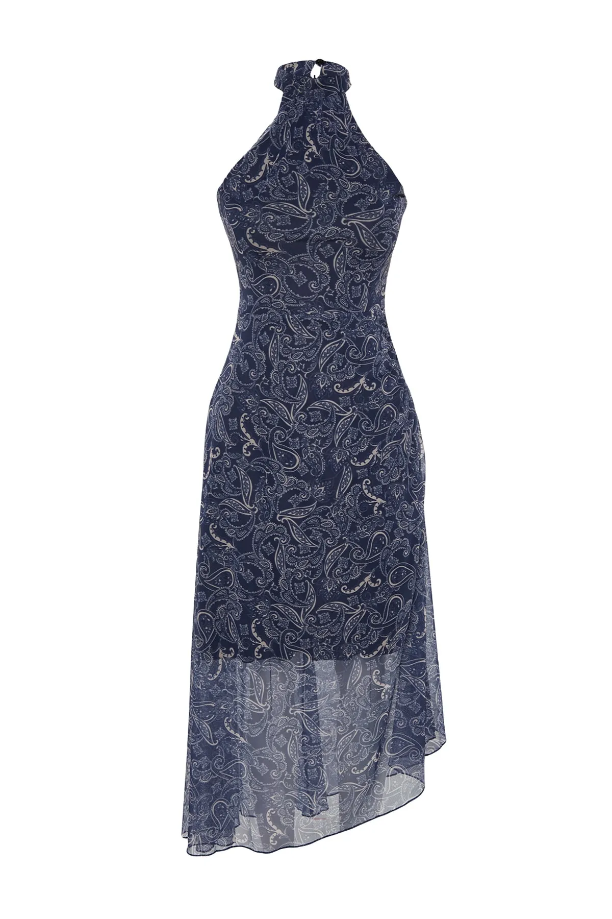 Trendyol Collection  Marineblaues Neckholder-Midikleid aus bedrucktem Tüll TWOSS23EL02214