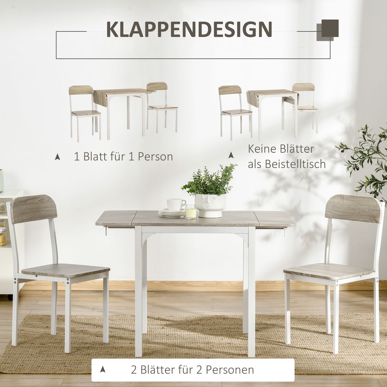 HOMCOM 3 TLG Esszimmergruppe Essgruppe mit 2 Stühlen und 1 Tisch Esstisch Set mit Klappbarer Tischplatte für Küche kleine Raume Stahl MDF Natur Weiß 110 x 70 x 75 cm