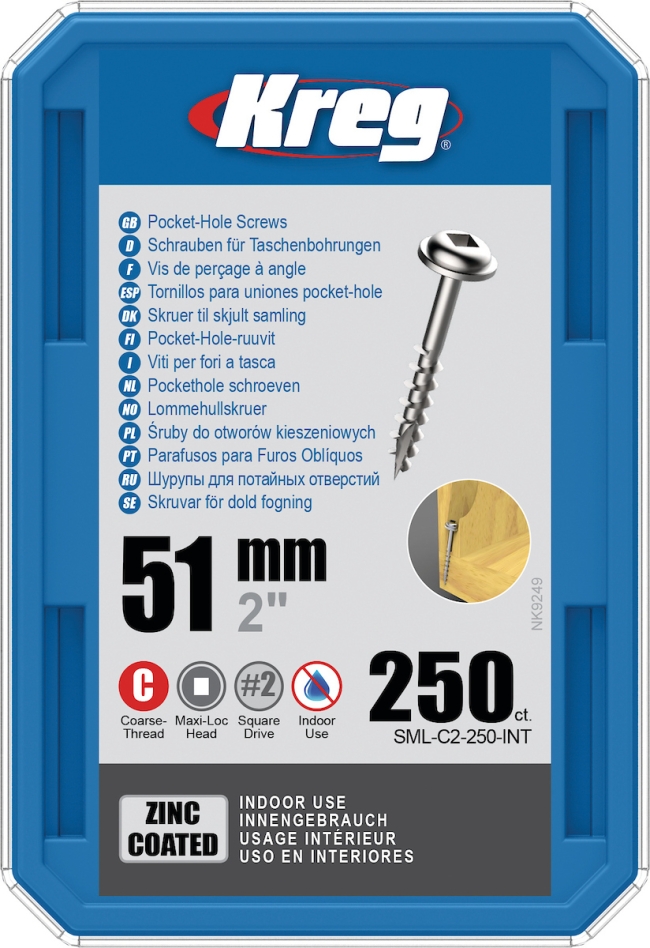 Skrutky Kreg SML-C2-250-INT do puzdra 51 mm pozinkované s hrubým závitom Maxi-Loc 250 kusov
