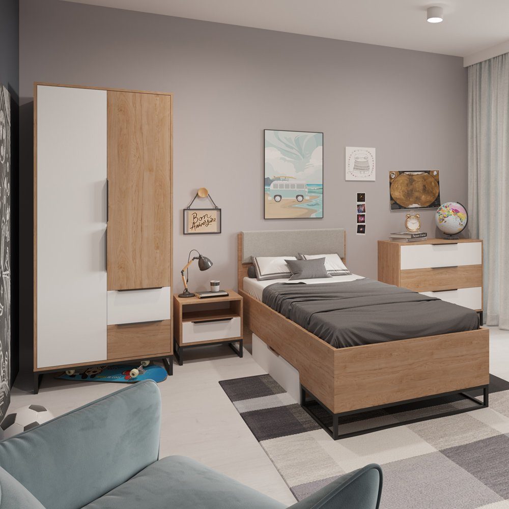 Lomadox Jugendzimmer-Set LUZZI-132, (Sparset, 4-tlg), Eiche Nb. mit weiß, Kleiderschrank, Nachttisch, Bett, Kommode