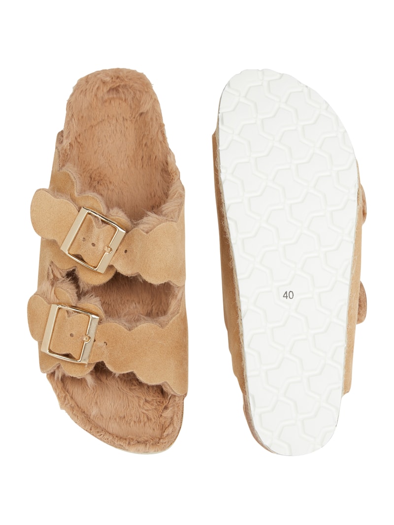 Sandalen aus Leder mit Kunstfell in cognac