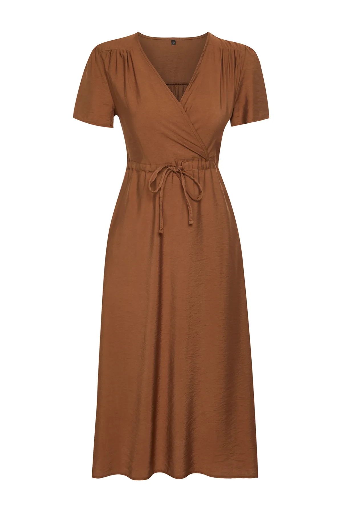 Trendyol Collection  Braunes, gewebtes Midi-Kleid mit V-Ausschnitt und Taillenöffnung TWOSS24EL00501