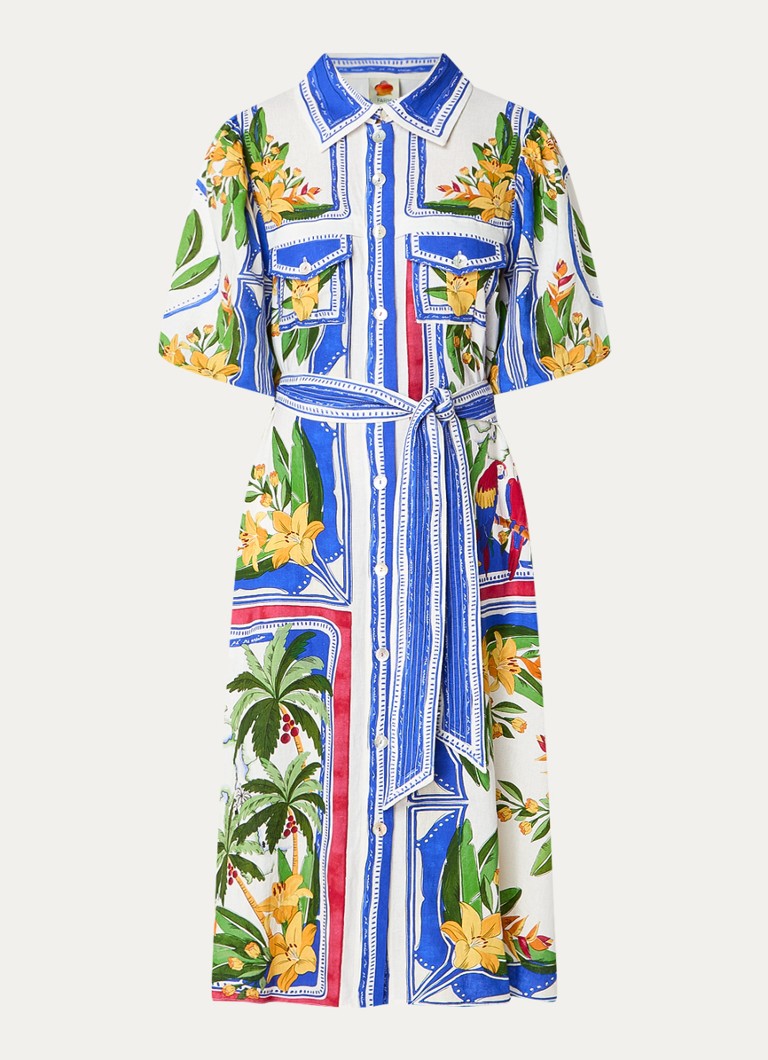 Rochie midi cămașă din amestec de in cu imprimeu floral „Farm Rio Tropical Destination”.