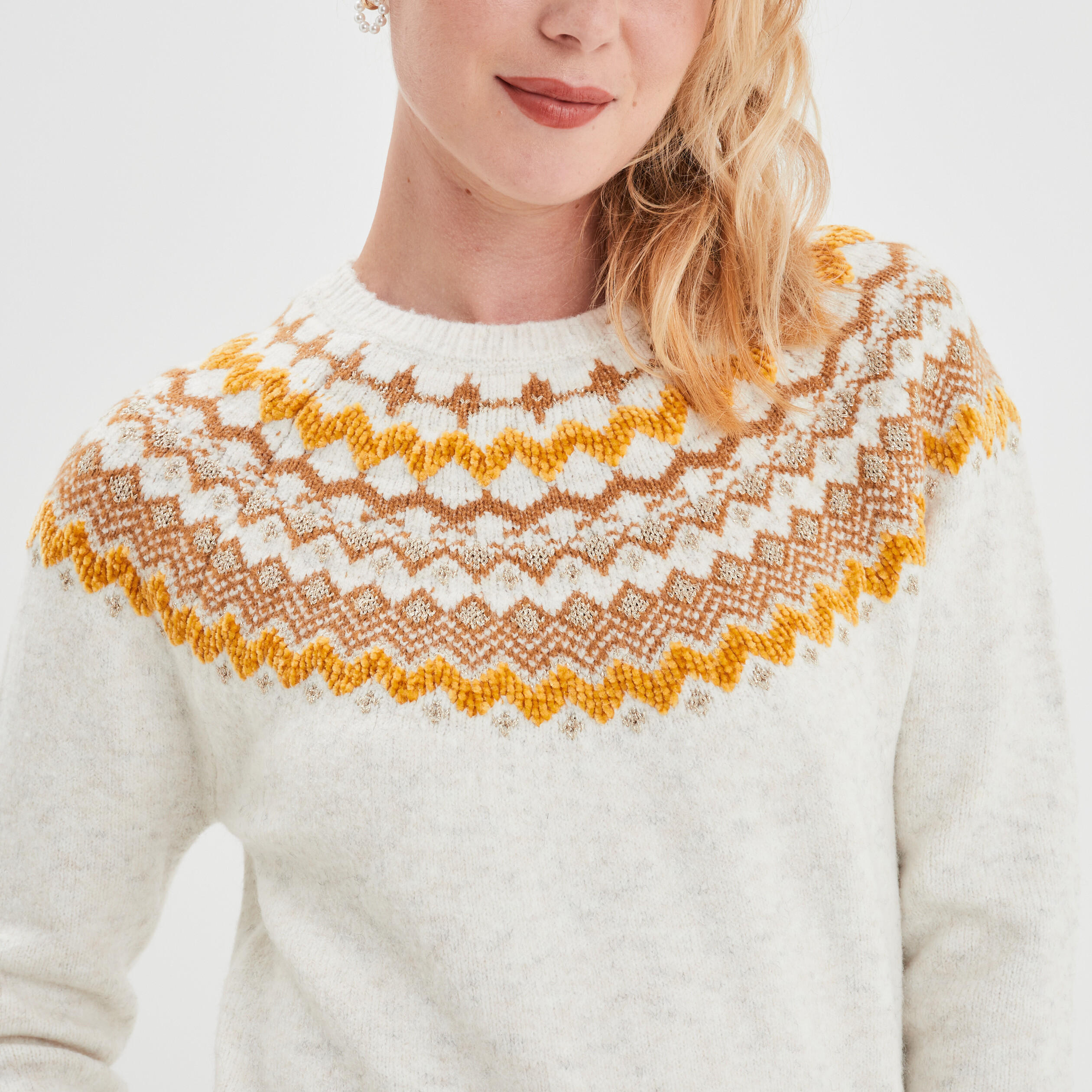 Pull col rond manches longues Creeks blanc femme | La Halle
