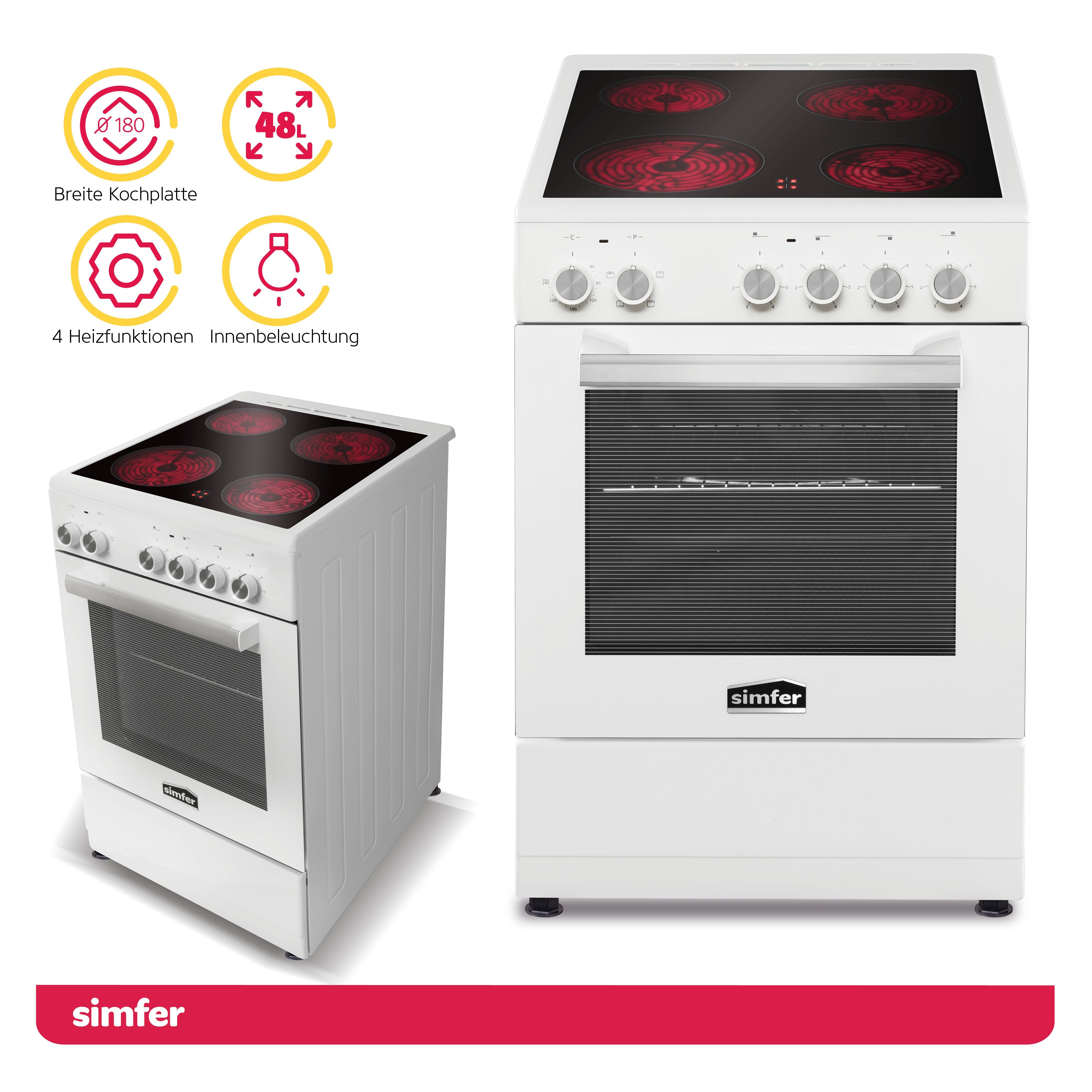 Simfer Elektro-Standherd SMF-FS 4227, 50 cm Herde, Glaskeramikkochfeld, 48 Liter, 4 Funktionen, mit Teleskopauszug nachrüstbar, Grillfunktion, Geschirrfach mit Deckel, Zweifach verglaste Backofentür