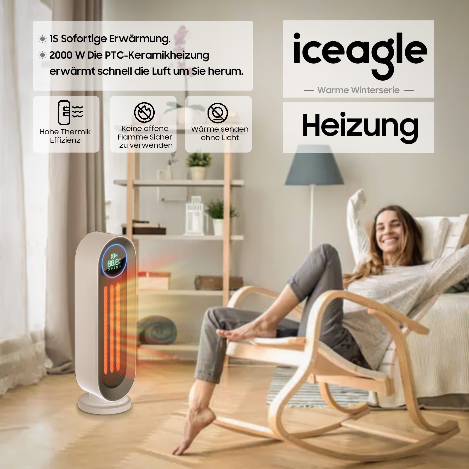 iceagle Heizlüfter HeizlüFter Energiesparend Keramik Mit Fernbedienung 2000W 12h Timer