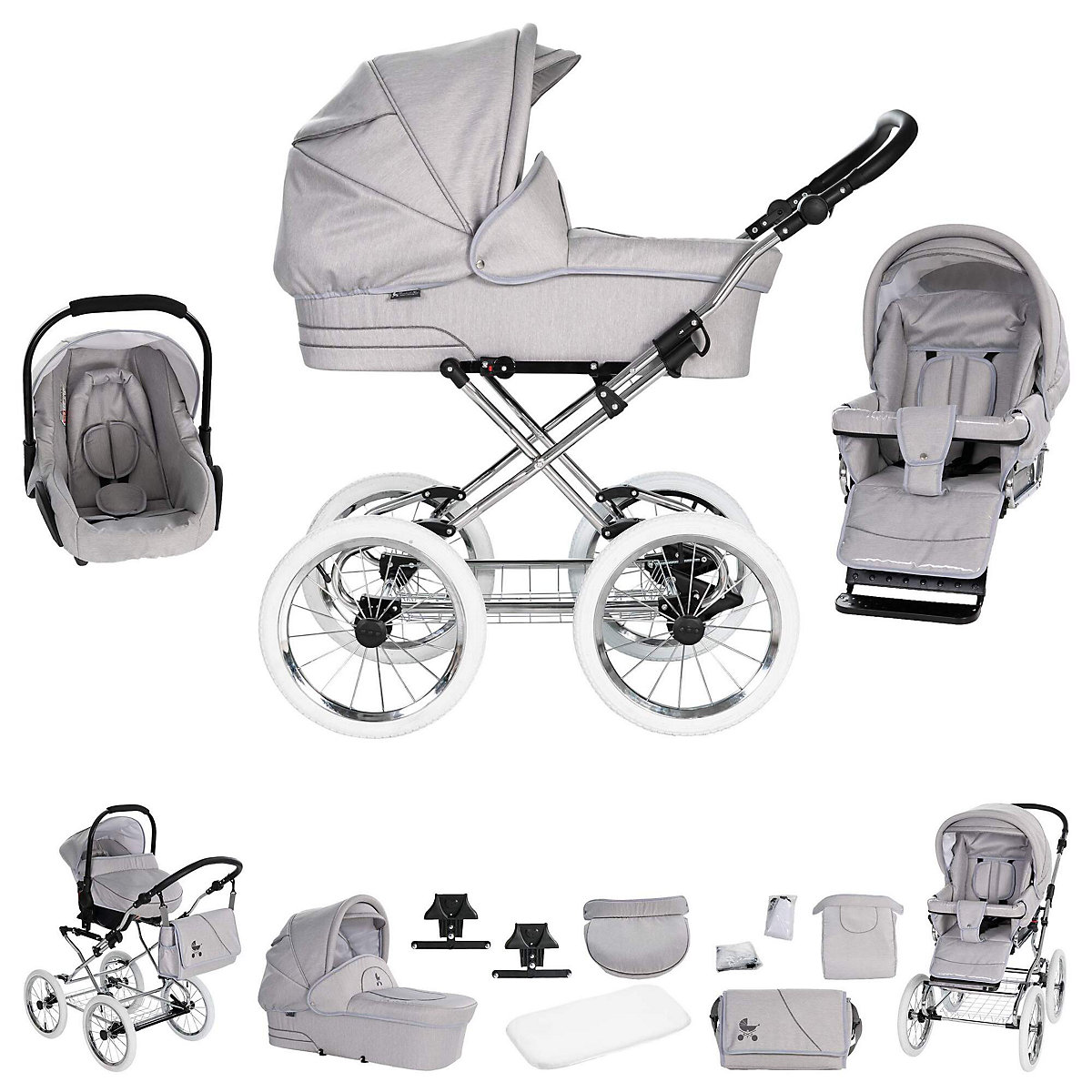 München | 3 in 1 Kombi Kinderwagen Komplettset | Nostalgie Kinderwagen Kombikinderwagen