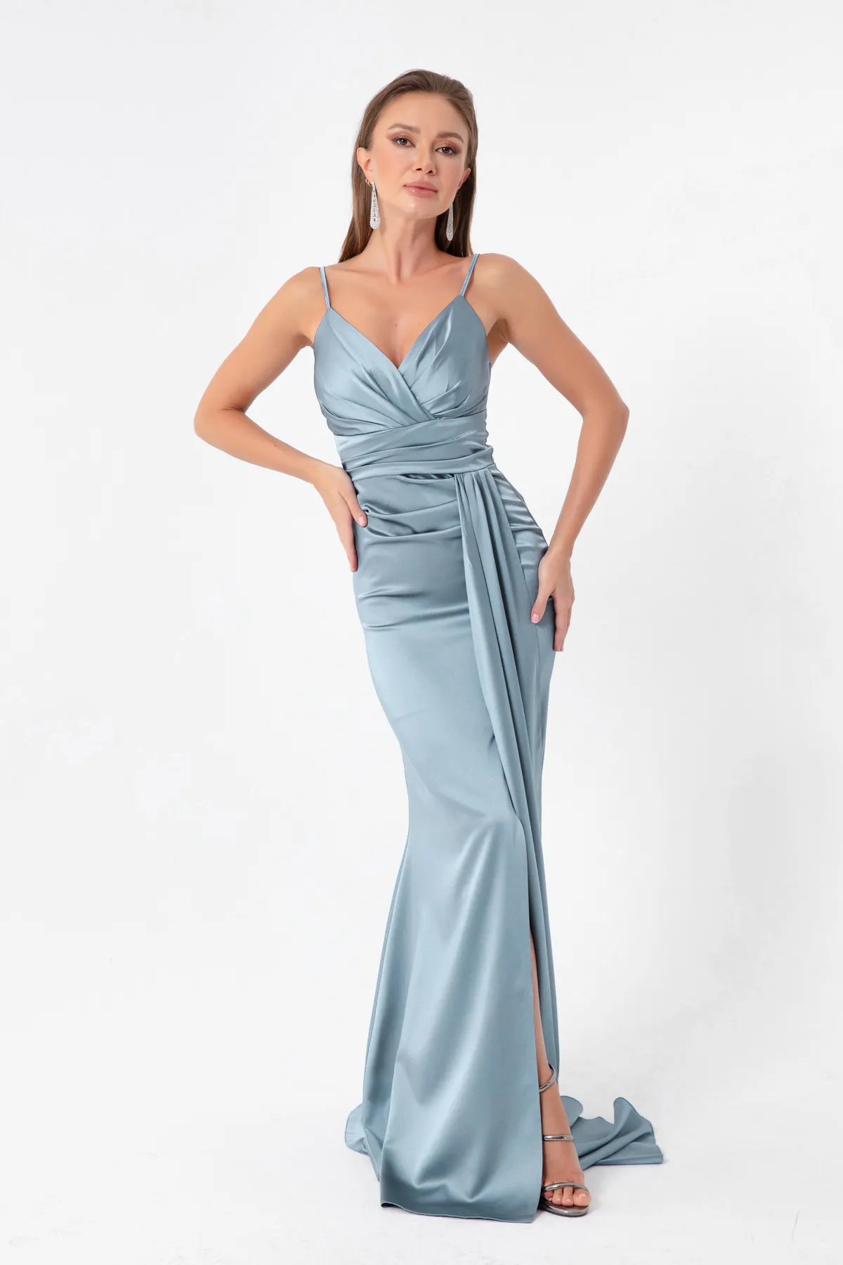 Lafaba  Babyblaues, langes Satin-Abendkleid und Abschlusskleid mit Trägern für Damen