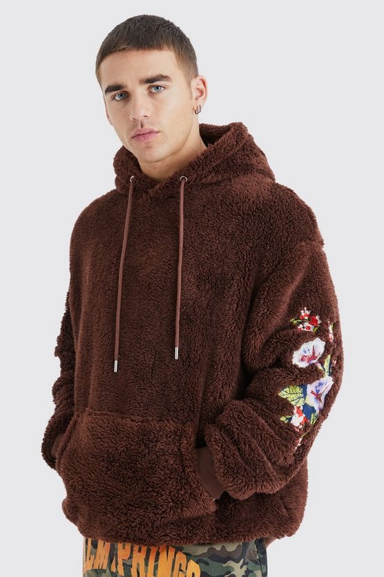 Oversize Borg-Hoodie mit Blumen-Stickerei