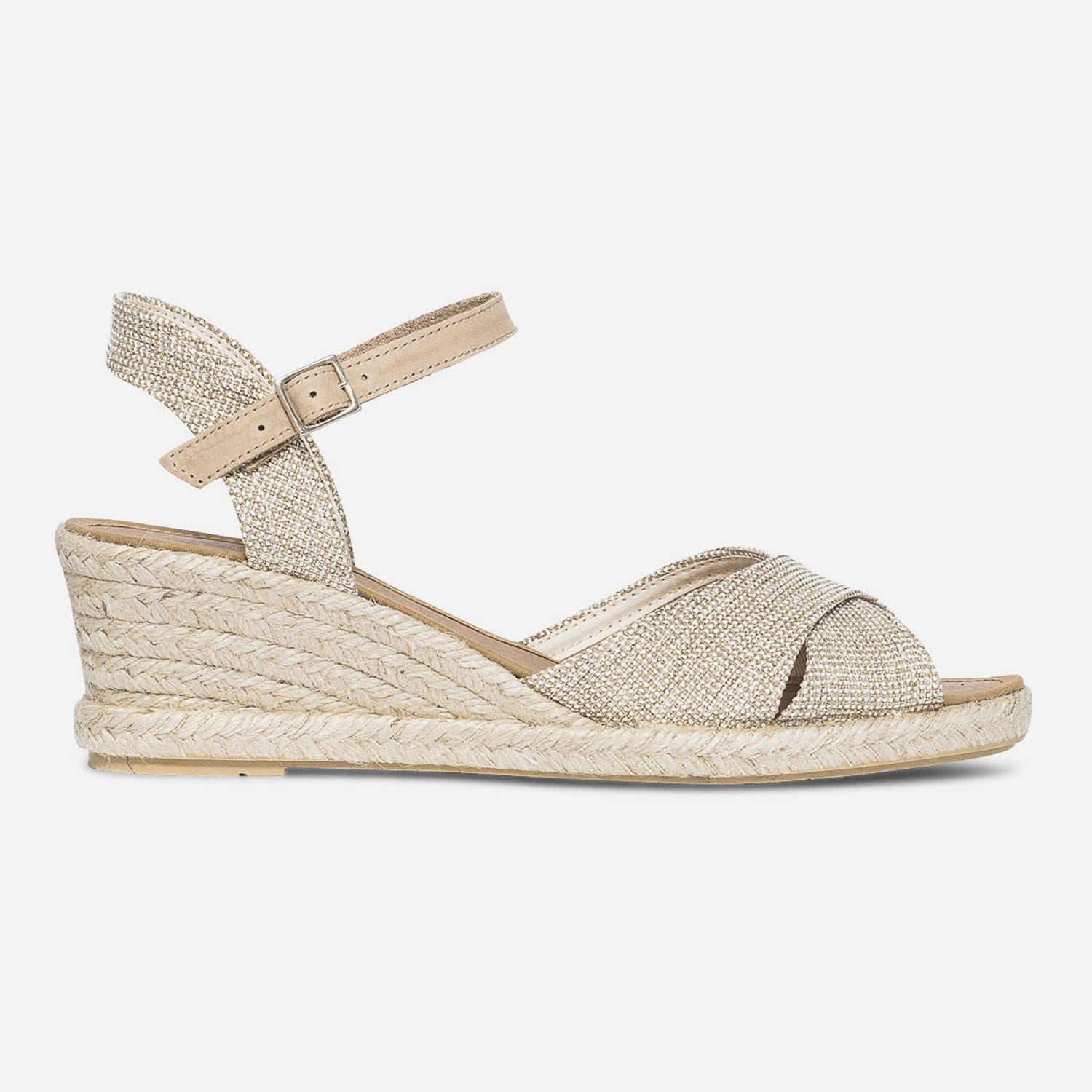Sandale compensée beige pailleté or