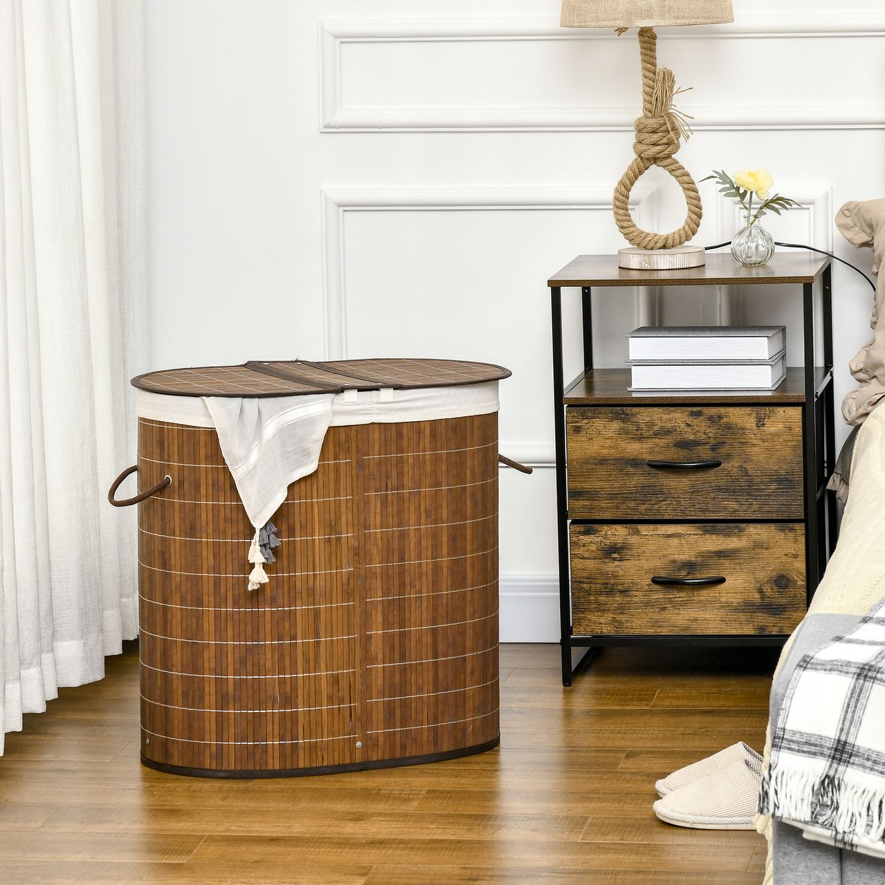 HOMCOM Wäschekorb Wäschebox 100L Wäschesammler mit Deckel, 2 Wäschesäcken, Braun