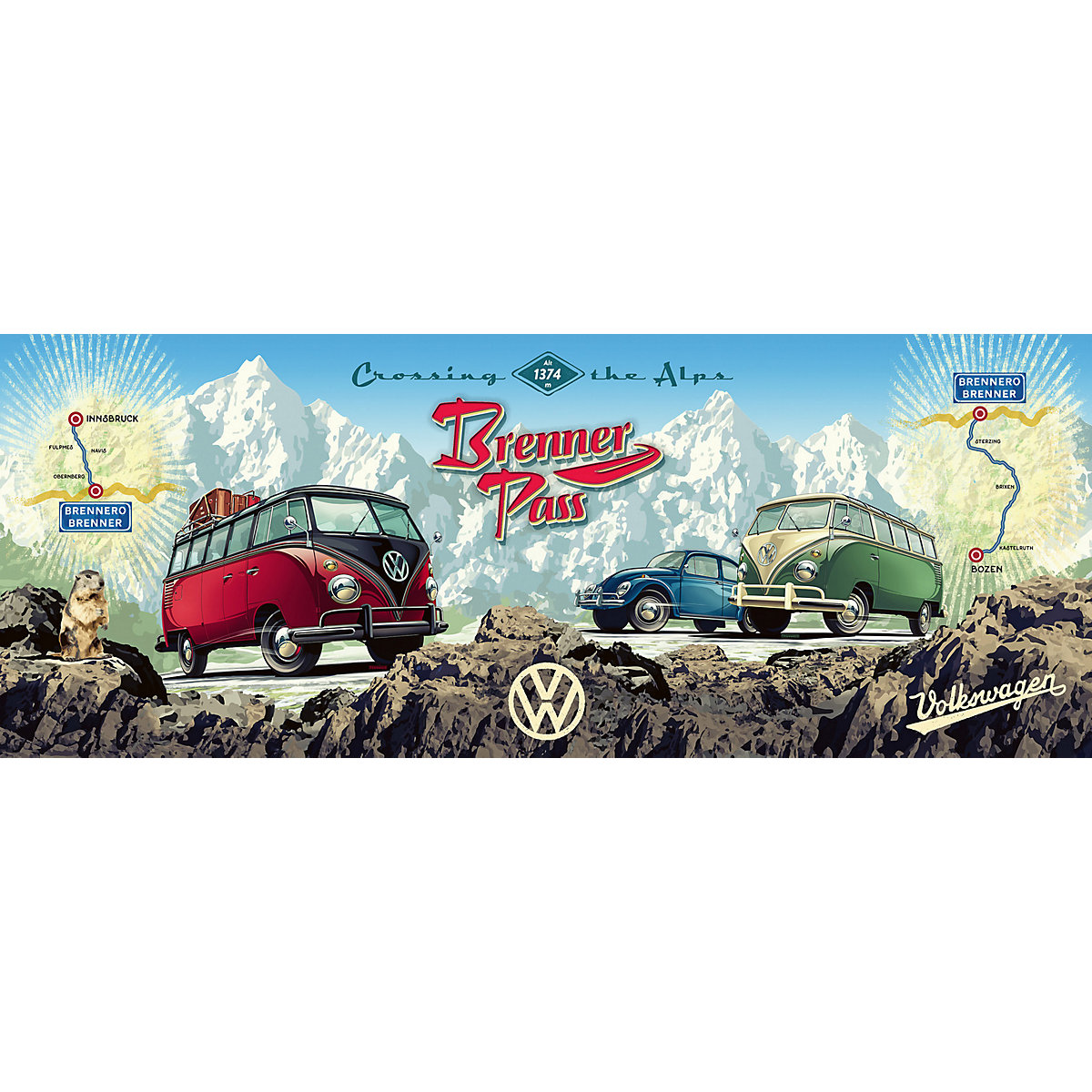 Puzzle 1000 Teile, 98x37 cm, Panorama, Mit dem VW Bulli über den Brenner