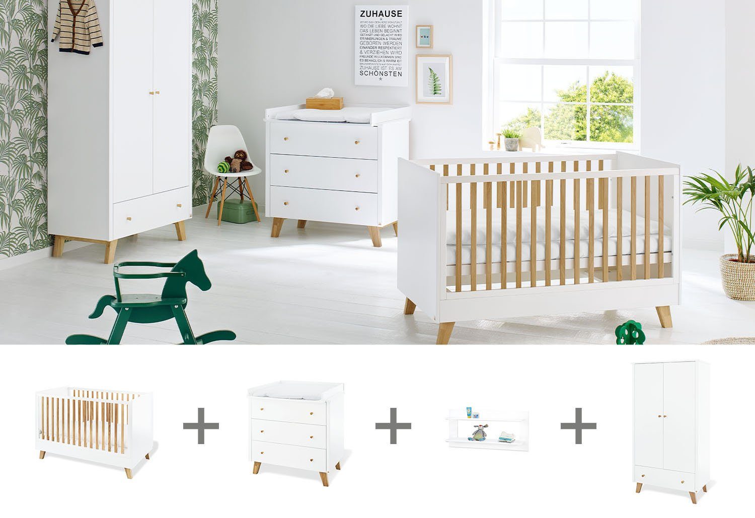 Pinolino® Babyzimmer-Komplettset Pan, (Set, 4-St., Kinderbett, Wickelkommode, Schrank, Wandregal), breit; mit Kinderbett, Wickelkommode, Schrank und Wandregal